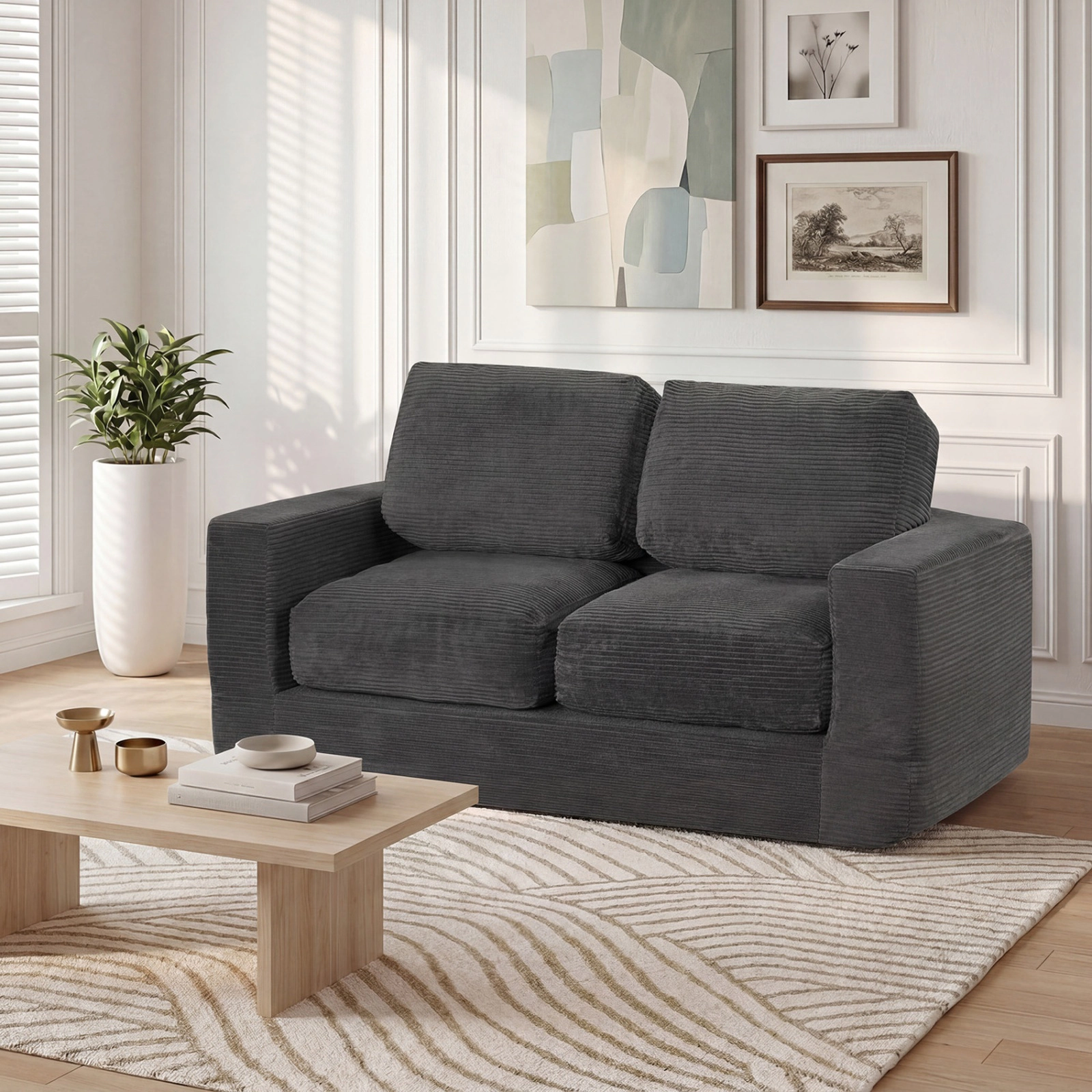 SUGIFT 2-Seater Floor Corduroy Loveseat Foam Sofa 62-in Frame 660-lb Capacity Removable Cover Black