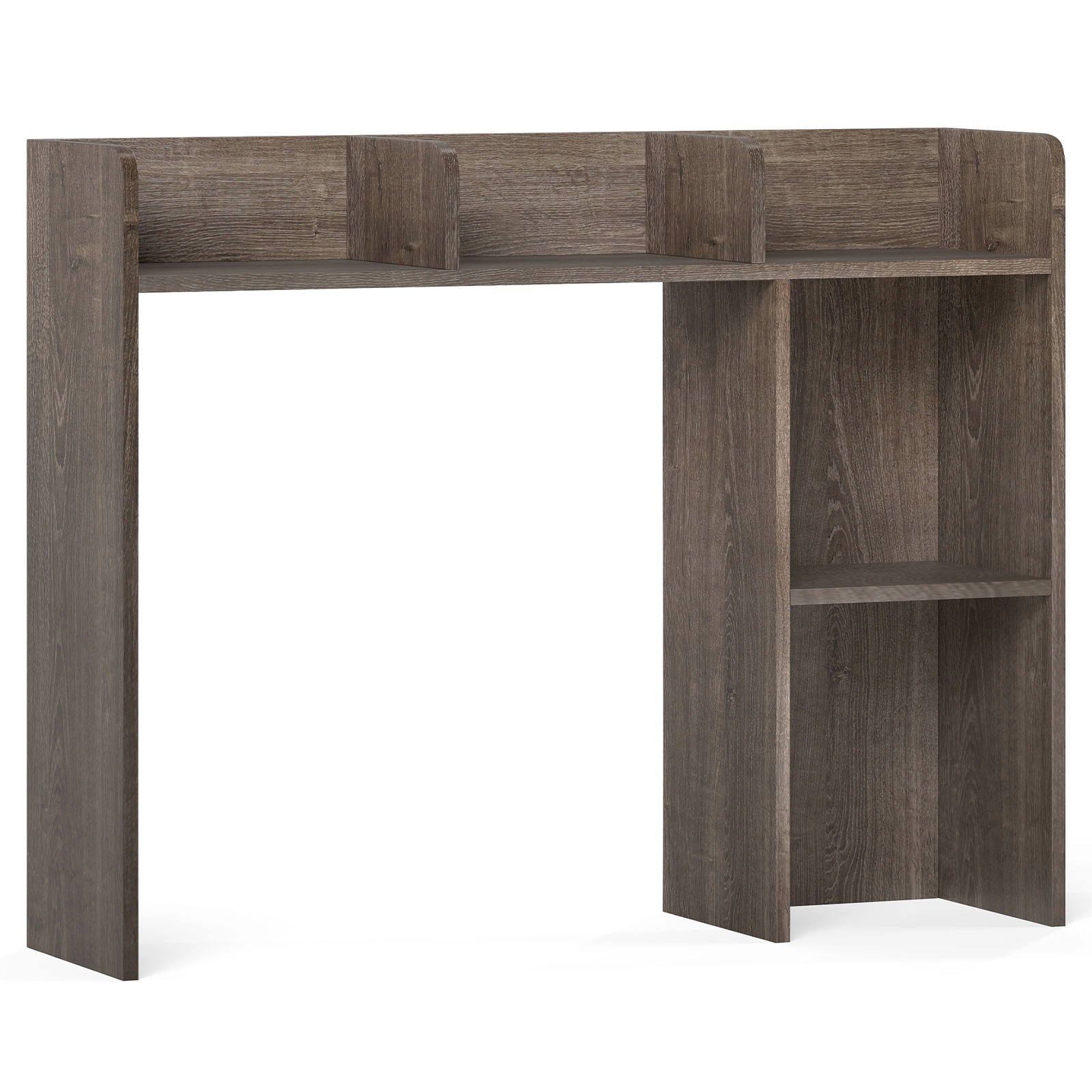 SUGIFT 3-Tier Oak Desktop Bookshelf Multipurpose Desk Shelf with 4 Compartments and Anti-Toppling Anchors