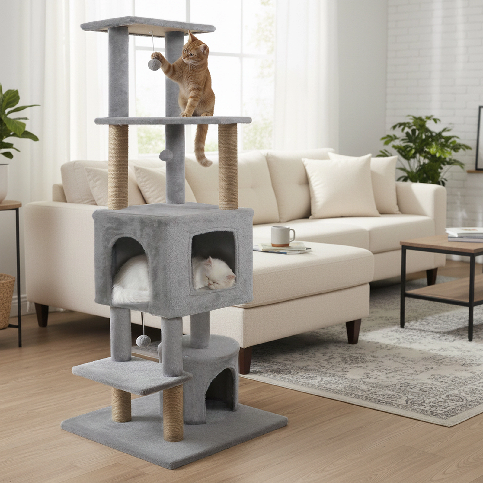 SUGIFT 64-in Light Grey Tall Cat Tree Scratching Tower with Natural Jute Posts 2 Condos and Top Perch