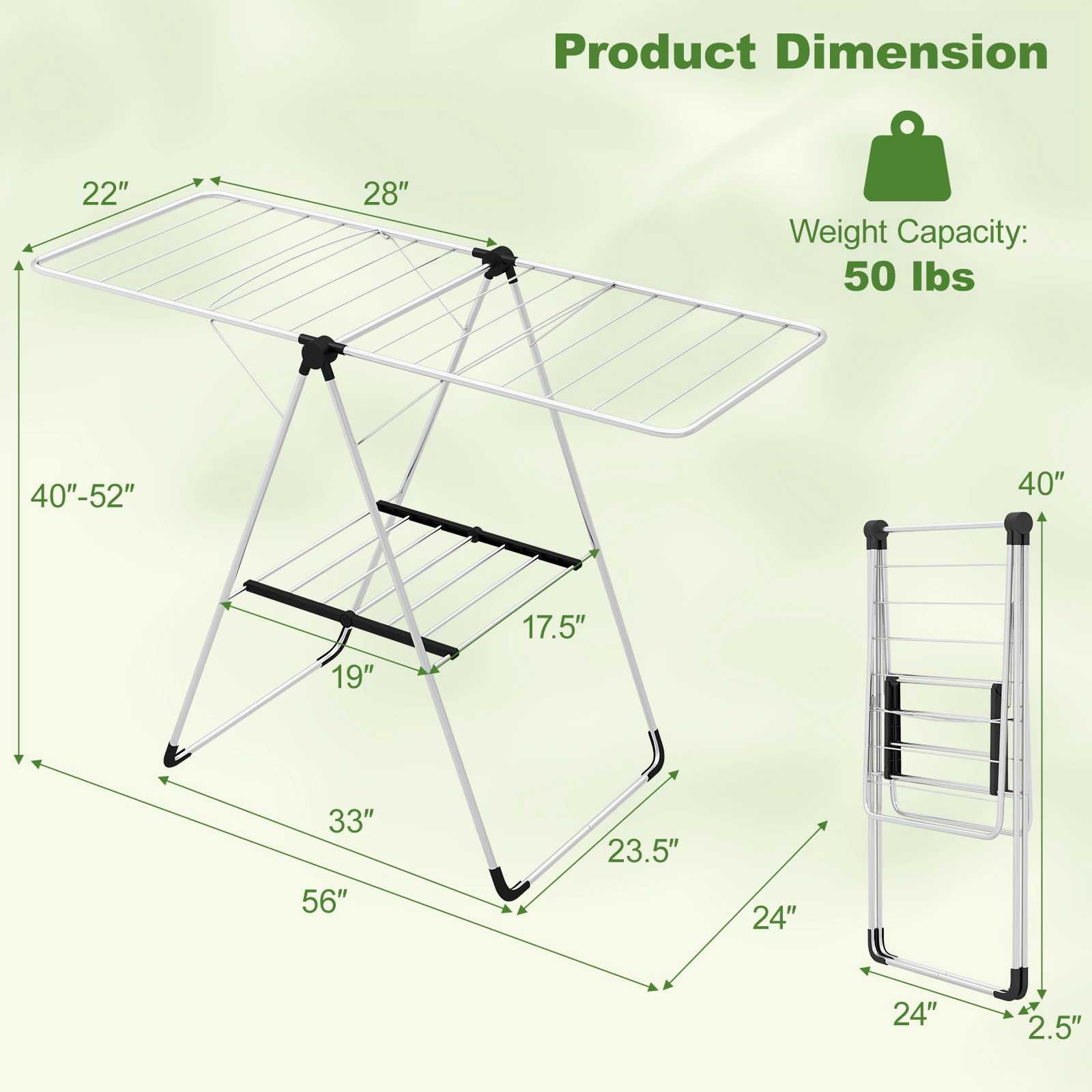 SUGIFT Silver 56-in Wide 2-Tier Folding Aluminum Laundry Drying Rack with Built-In Shoe Shelf for Balcony