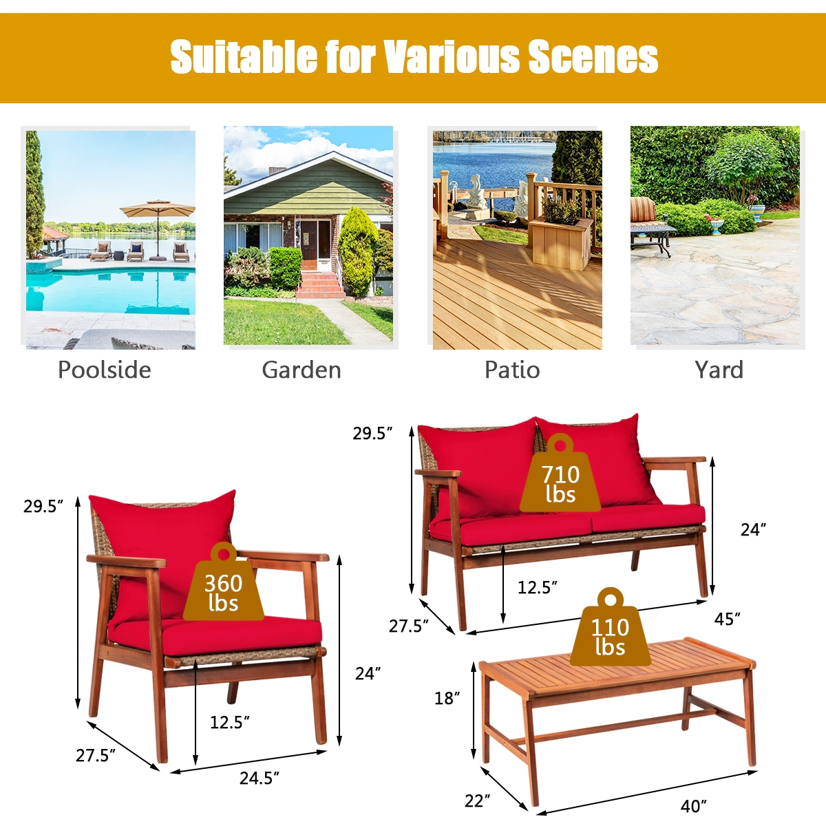 SUGIFT Red Coffee Table and Cushions 4-Piece Acacia Wood and Rattan Patio Sofa Set