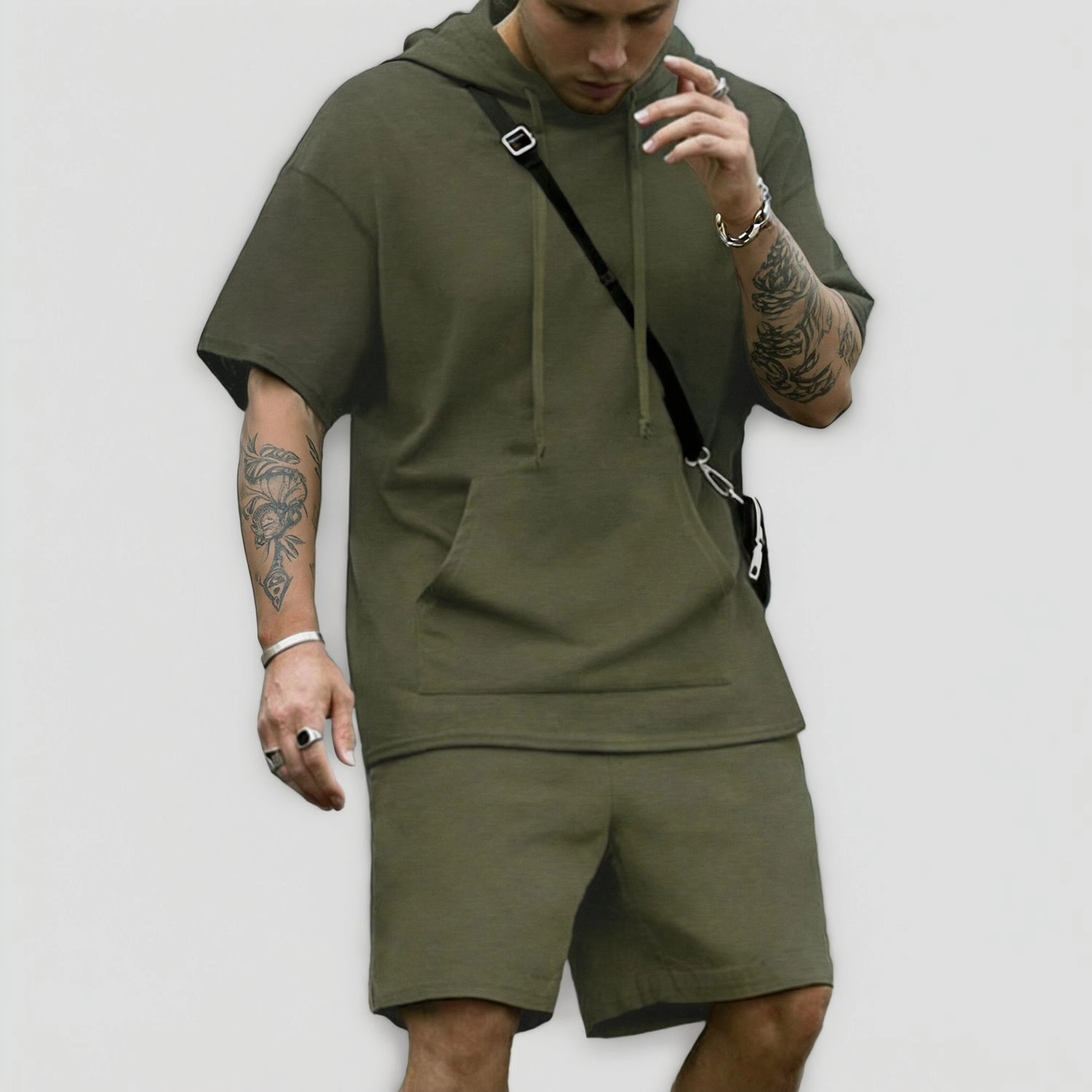 COOFANDY Mens Solid Short Sleeve Hoodie Shorts Set Drawstring Hood Casual Lounge