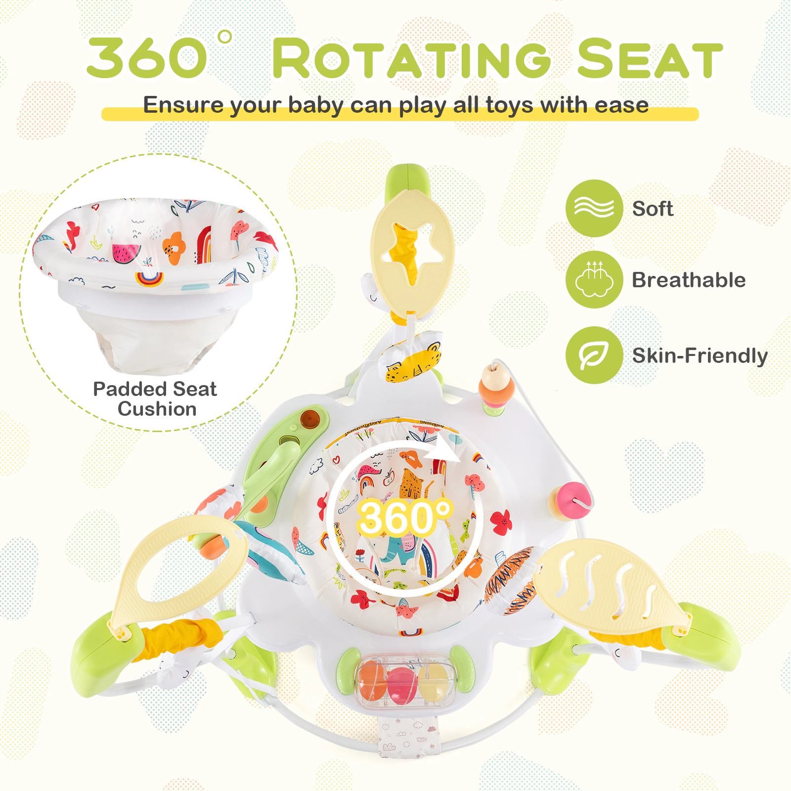 SUGIFT Baby Yellow Saucer Activity Center with 3 Height Settings and 10 Toys 34.5-in Dia 26-lb Seat Capacity