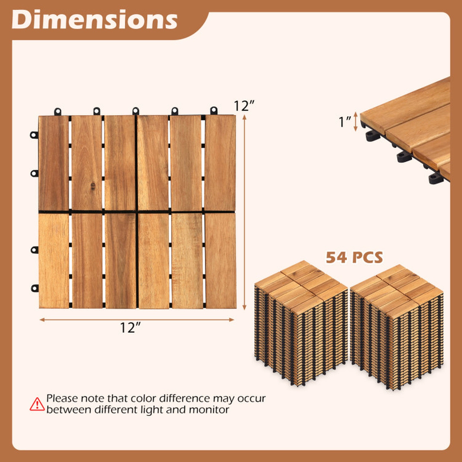 SUGIFT Natural 54-Piece Acacia Wood Deck Tiles with Anti-Slip Surface 12-in W 12-in D 500-lb Tile Capacity