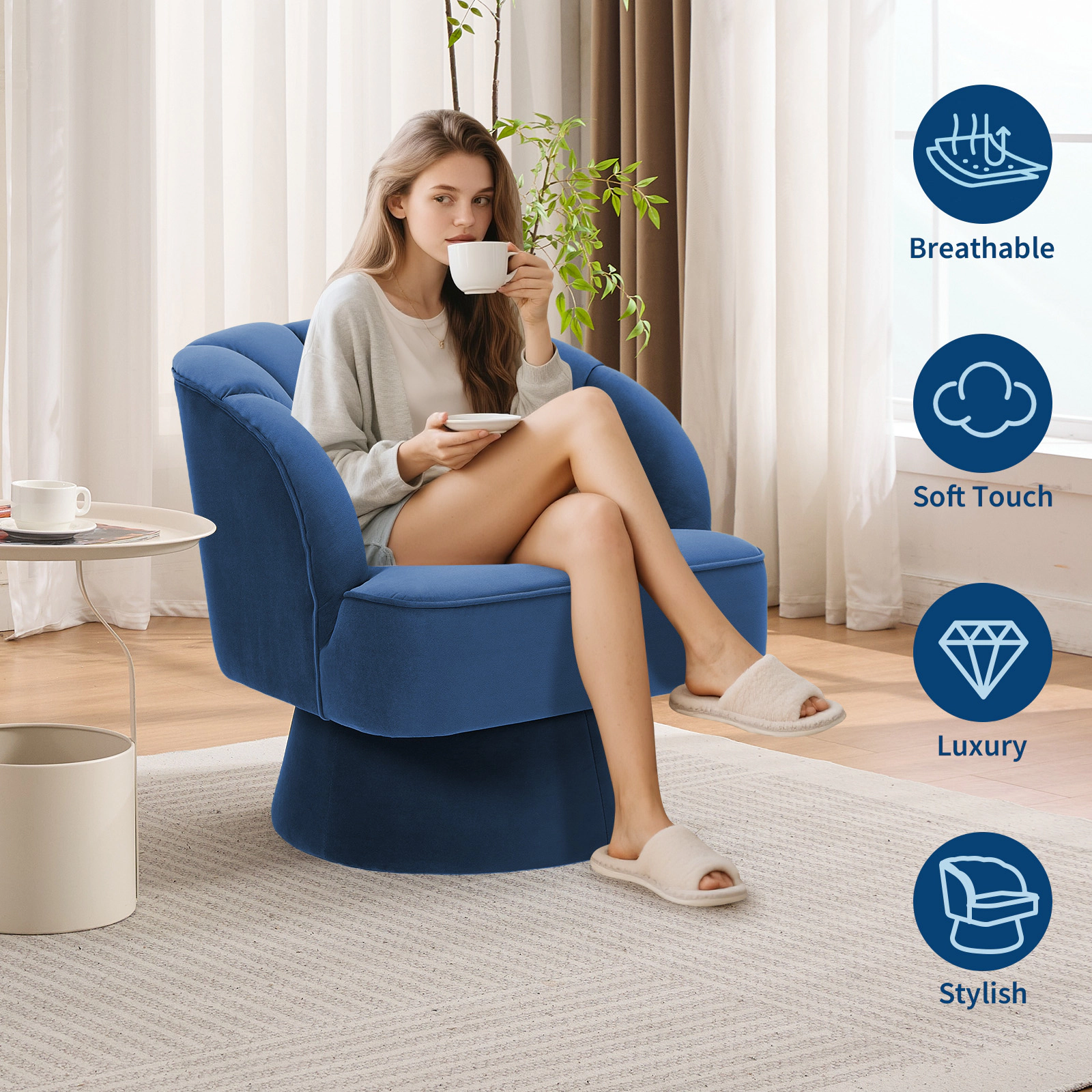 BebreezChic Beige Fleece 360 Swivel Barrel Accent Chair Round Upholstered Lounge Armchair for Living Room