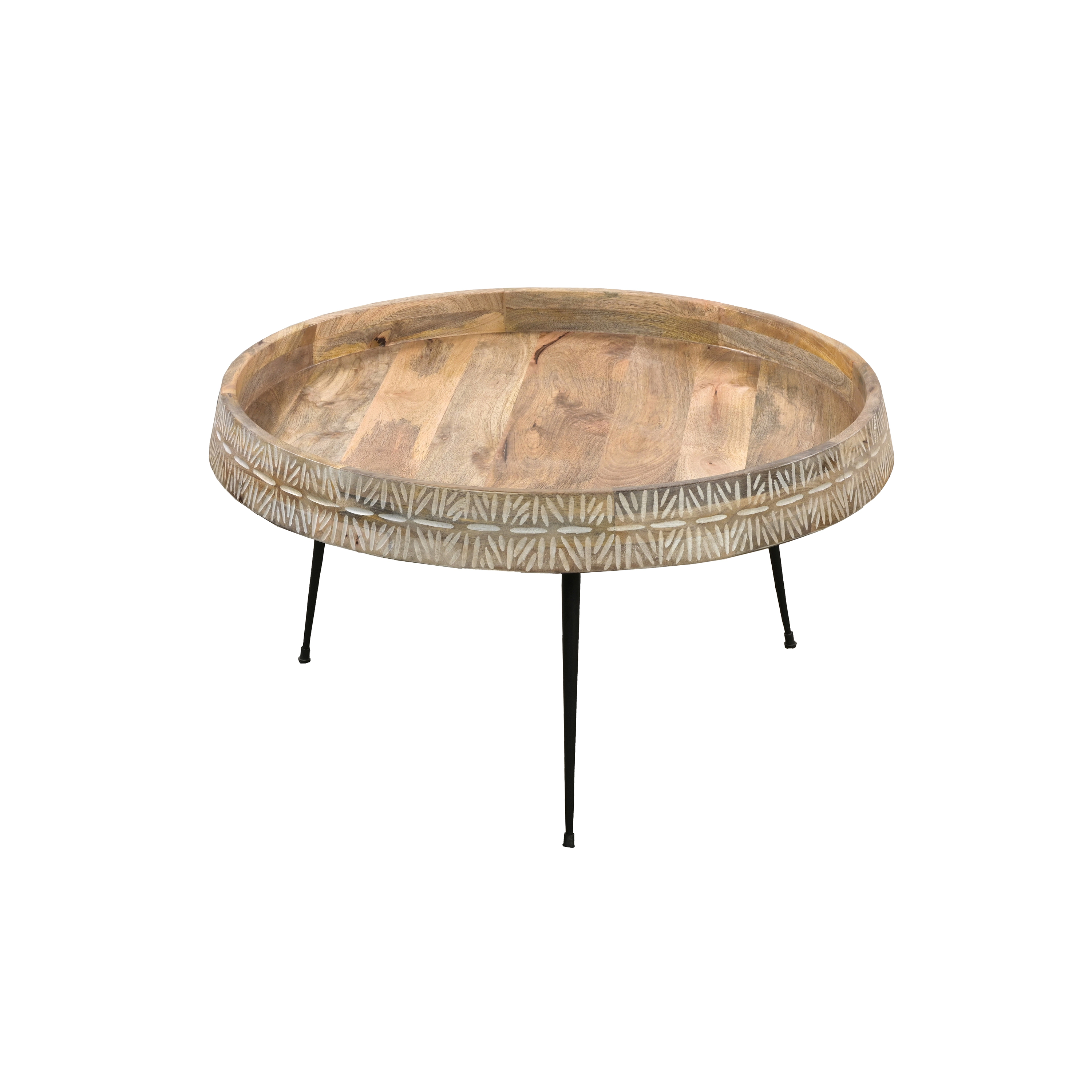 The Urban Port Gia 29 Inch Modern Handcrafted Round Coffee Table, Natural Brown Wood with Carved Edge, Black Iron Legs