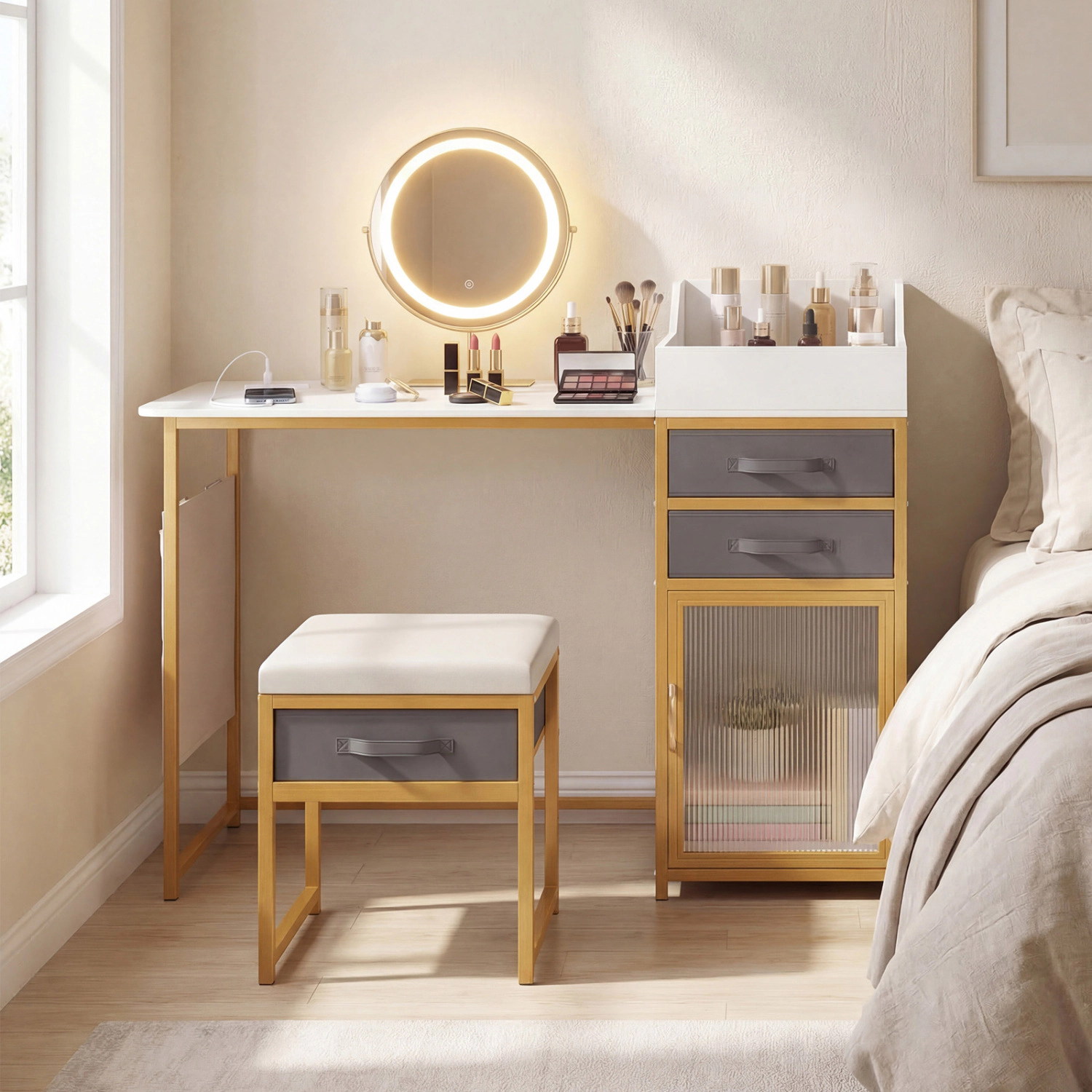 LJG Vanity Desk with Rotatable Lighted Mirror 55 Inch Makeup Vanity Table