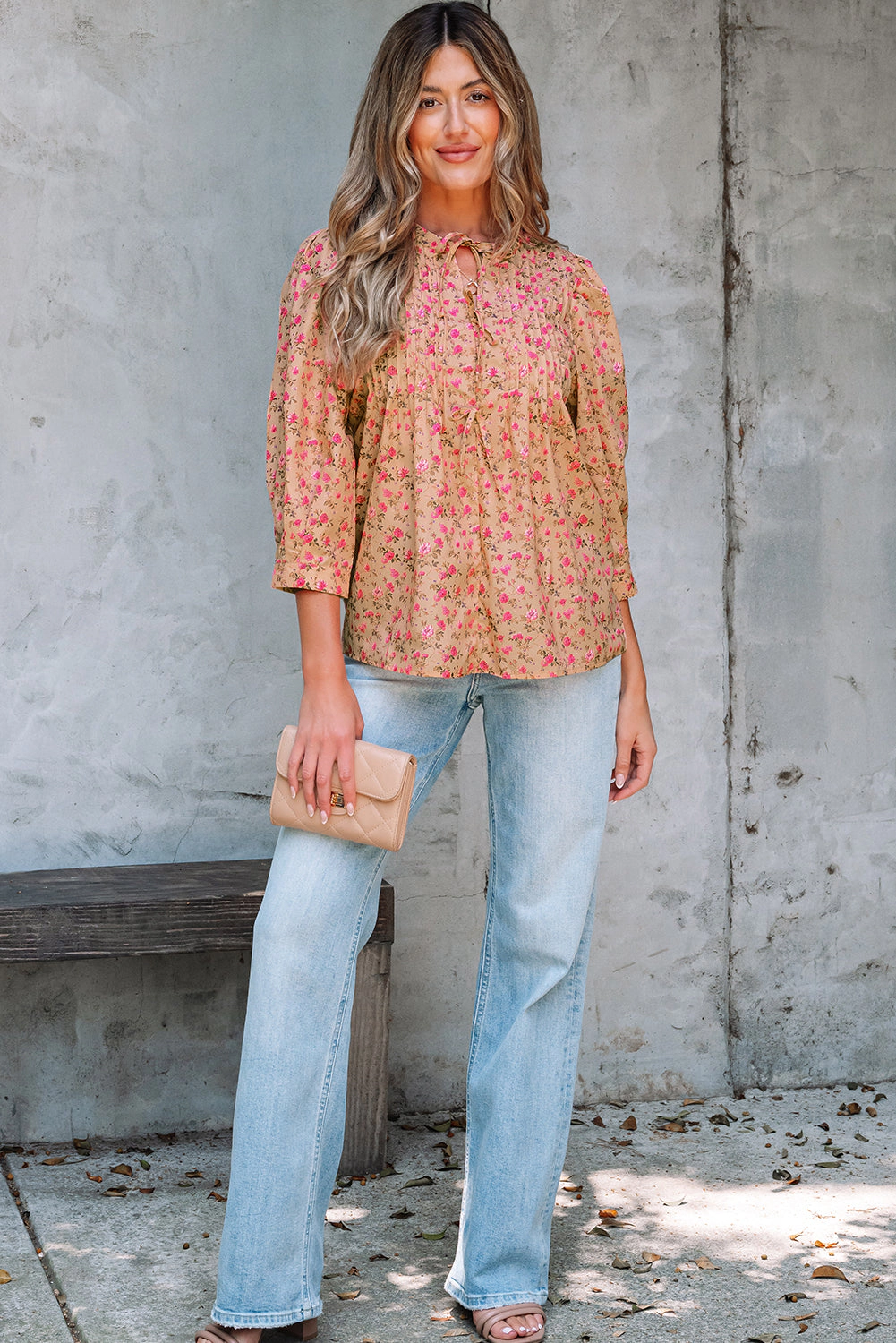 Threaded Pear Women's Sadie Floral Bow Pin-tuck Bust Half Puff Sleeve Blouse