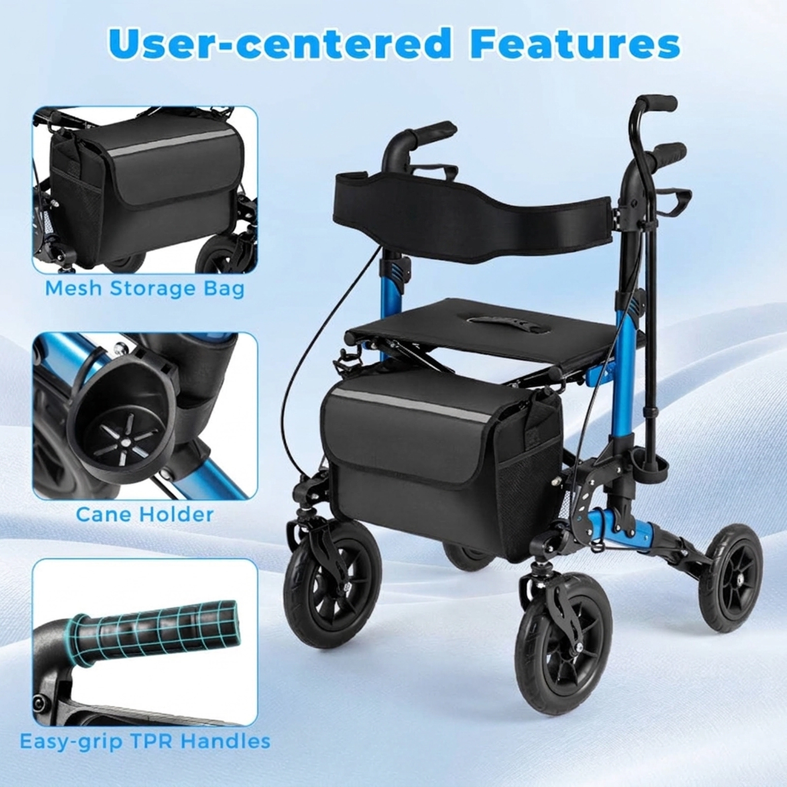 SUGIFT Blue Folding Rollator Walker with Spring Suspension and Mesh Backrest 31.5-in W 25-in D 300-lb Seat Capacity