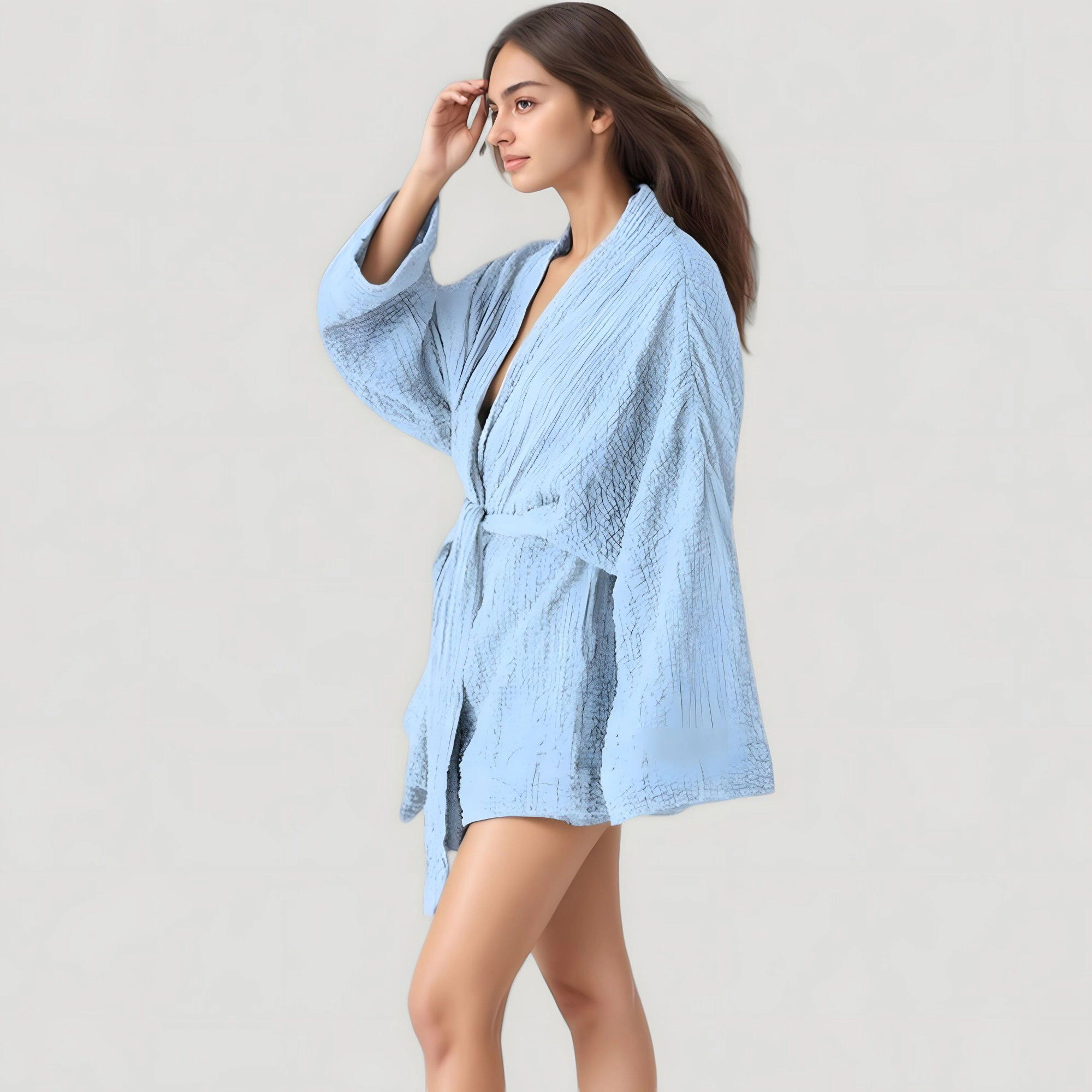 Anna-Kaci Women's Woven Textured Bath Robe with Waist Tie and Wide Sleeves
