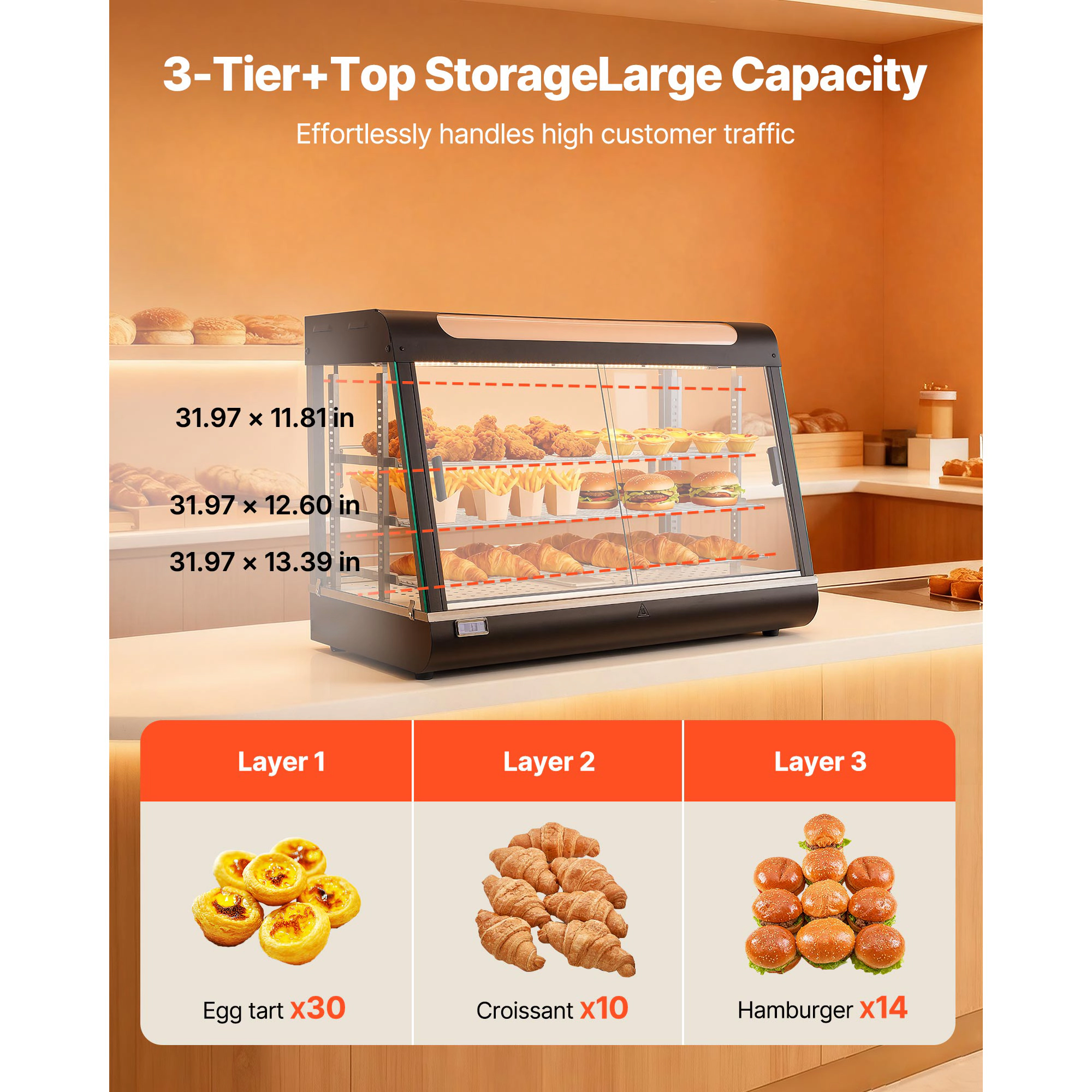 HONGGE 3-Tier Commercial Food Warmer Display with LED Light Top Storage and Adjustable Shelves