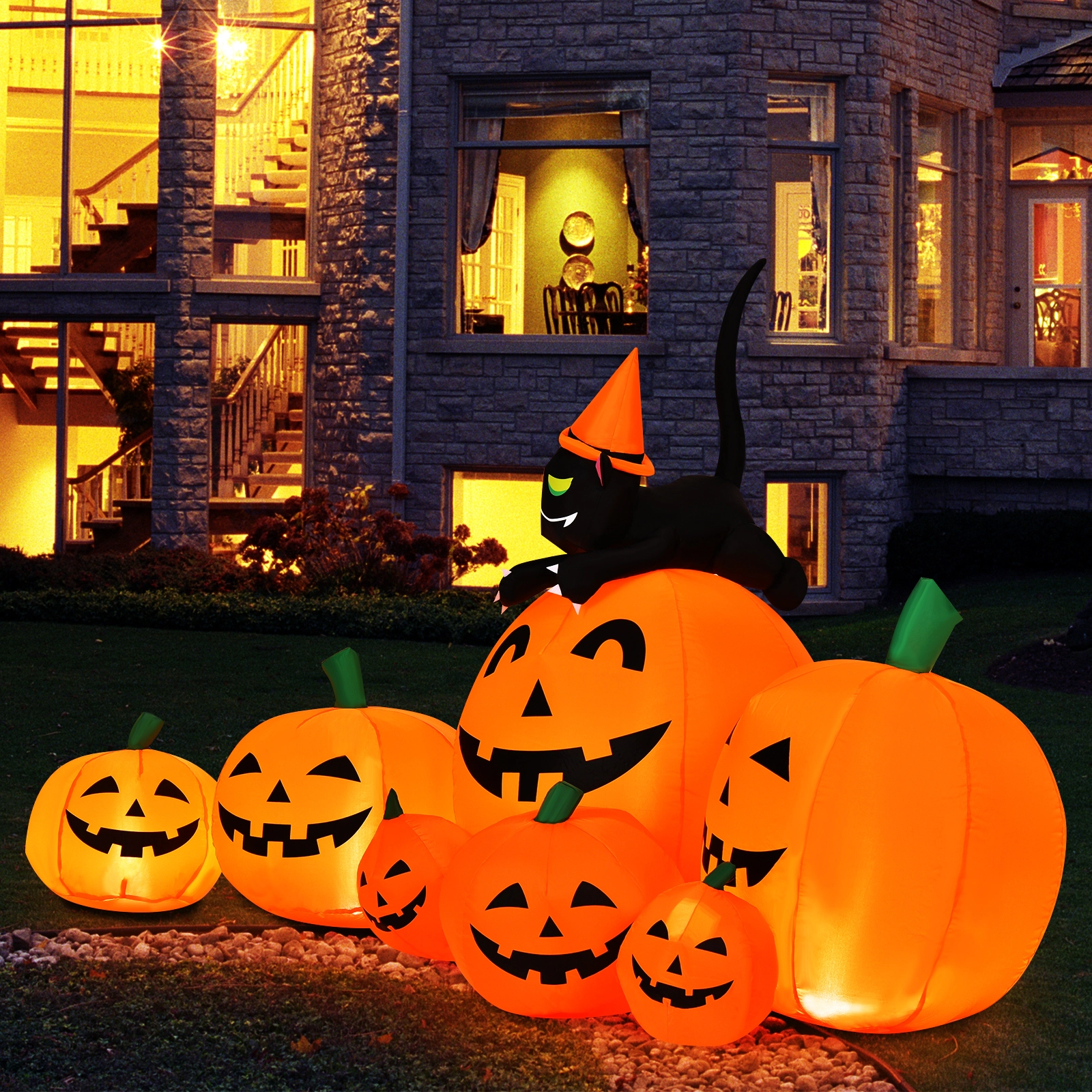 LJG Halloween 7.5 Feet Inflatable Pumpkin Combo with Witch Black Cat