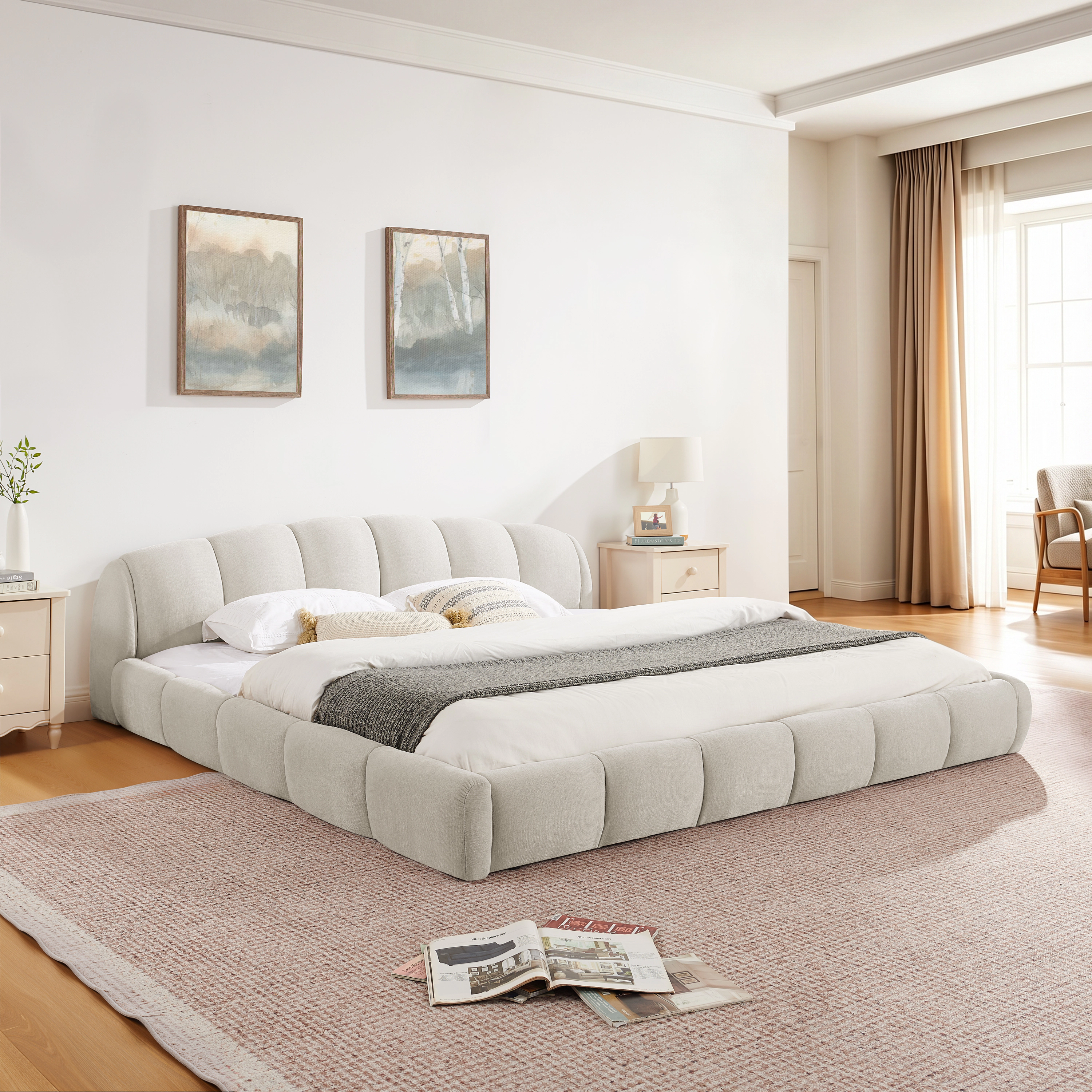Flynama King Chenille Platform Bed, Thick Curved Headboard & Footboard, Low Profile, Beige
