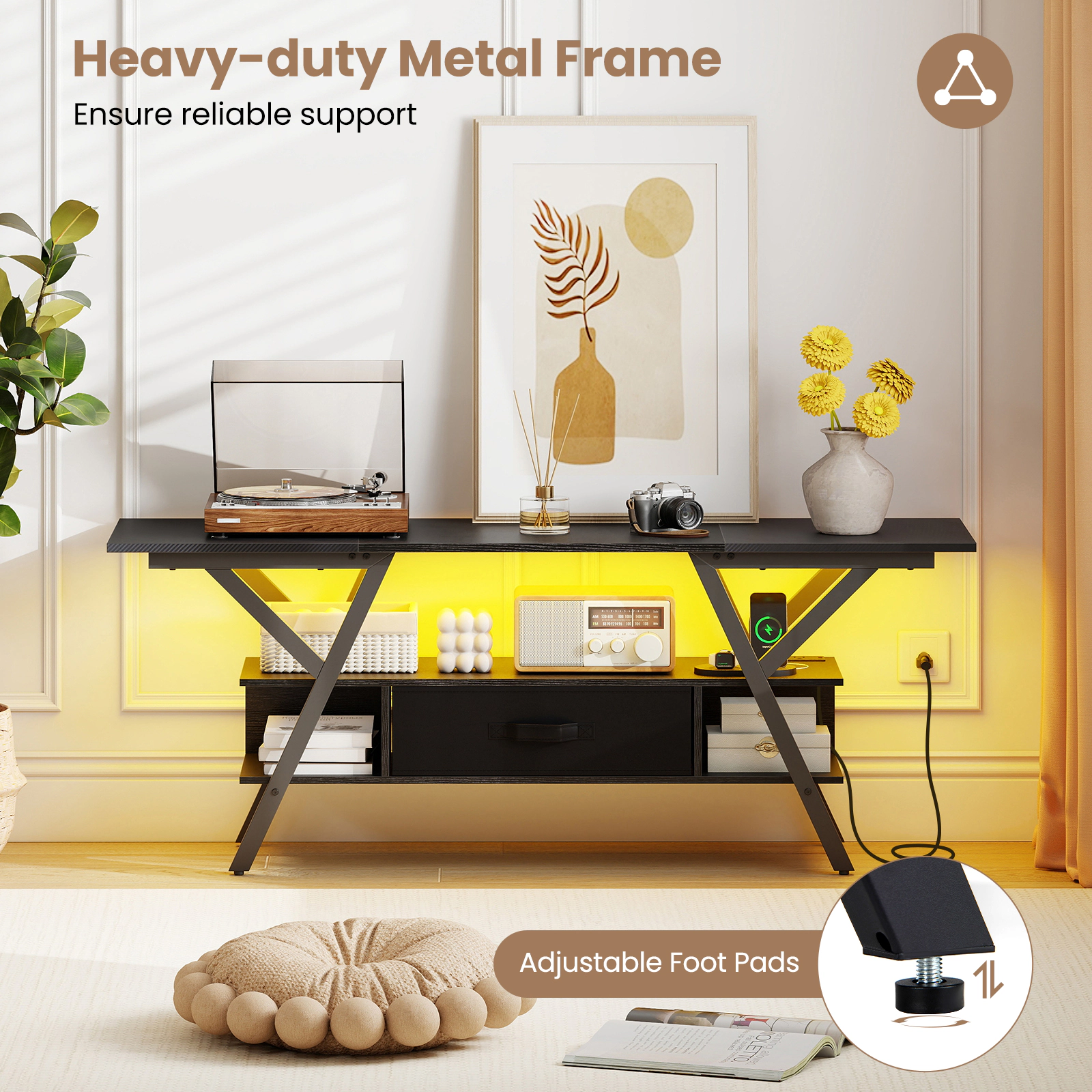 Glintex 55-Inch TV Stand with 16-Color LED Lights and Power Outlets