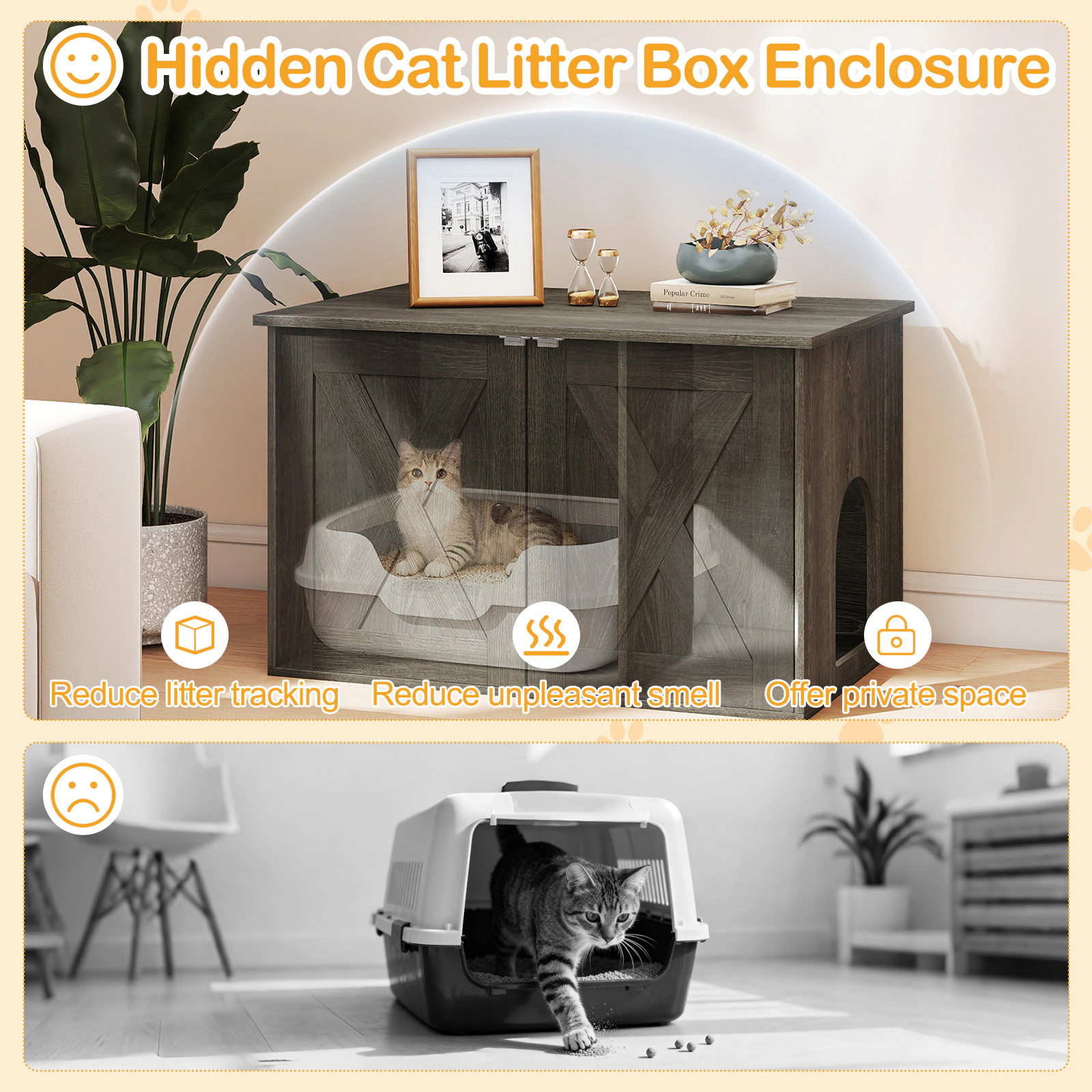 SUGIFT 31.5 x 20-in 66-lb Capacity Oak Hidden Cat Litter Box Enclosure Furniture with Divider and Dual Doors
