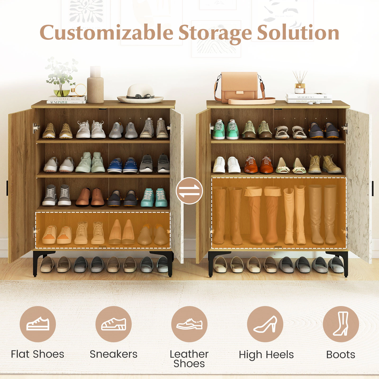 SUGIFT 4 Tier Farmhouse Shoe Storage Cabinet with Removable Shelves and Metal Legs 180-lb Capacity Walnut + White
