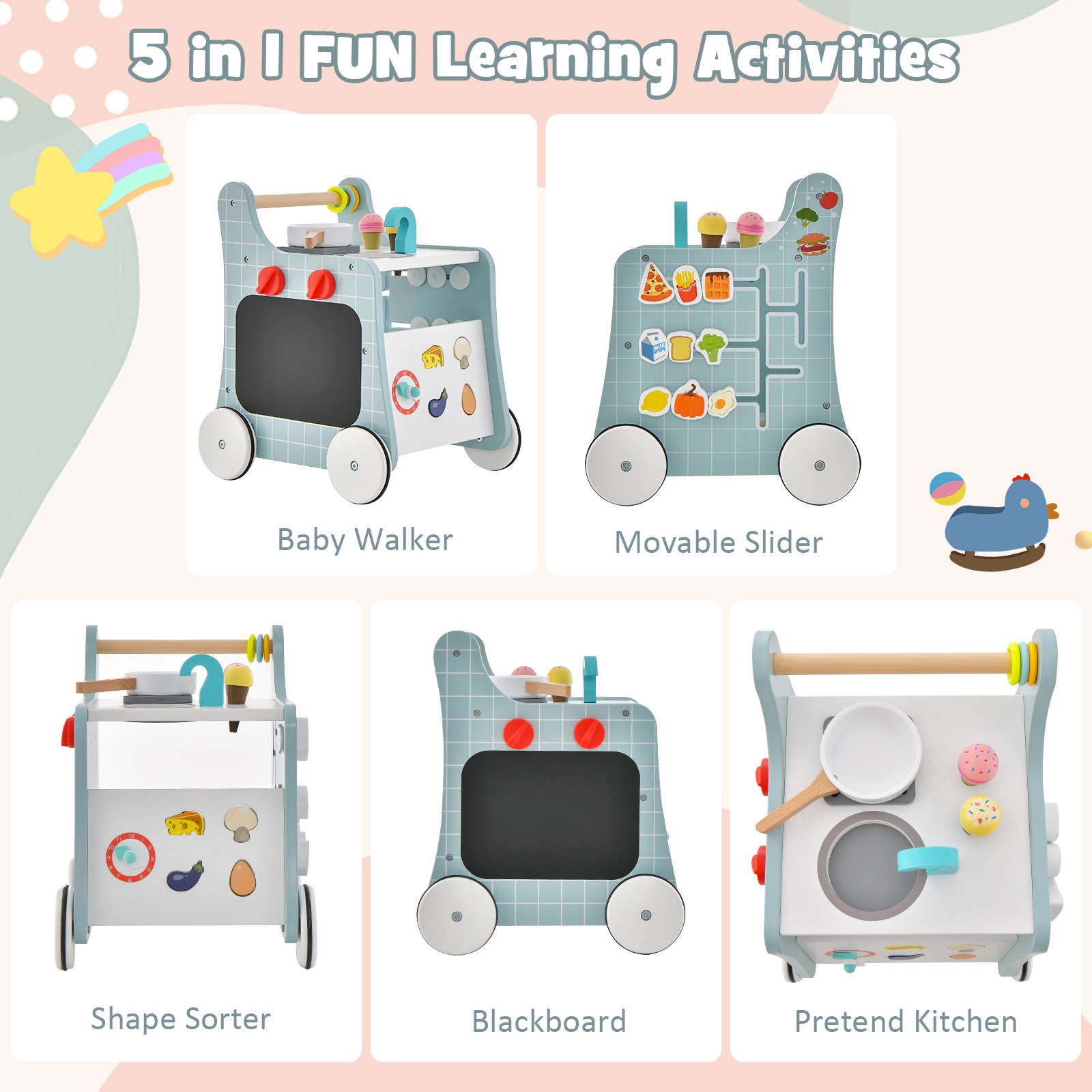 6-in-1 Wooden Baby Push Walker with Play Kitchen Shape Sorter Clock and Storage Box Blue Activity Walker