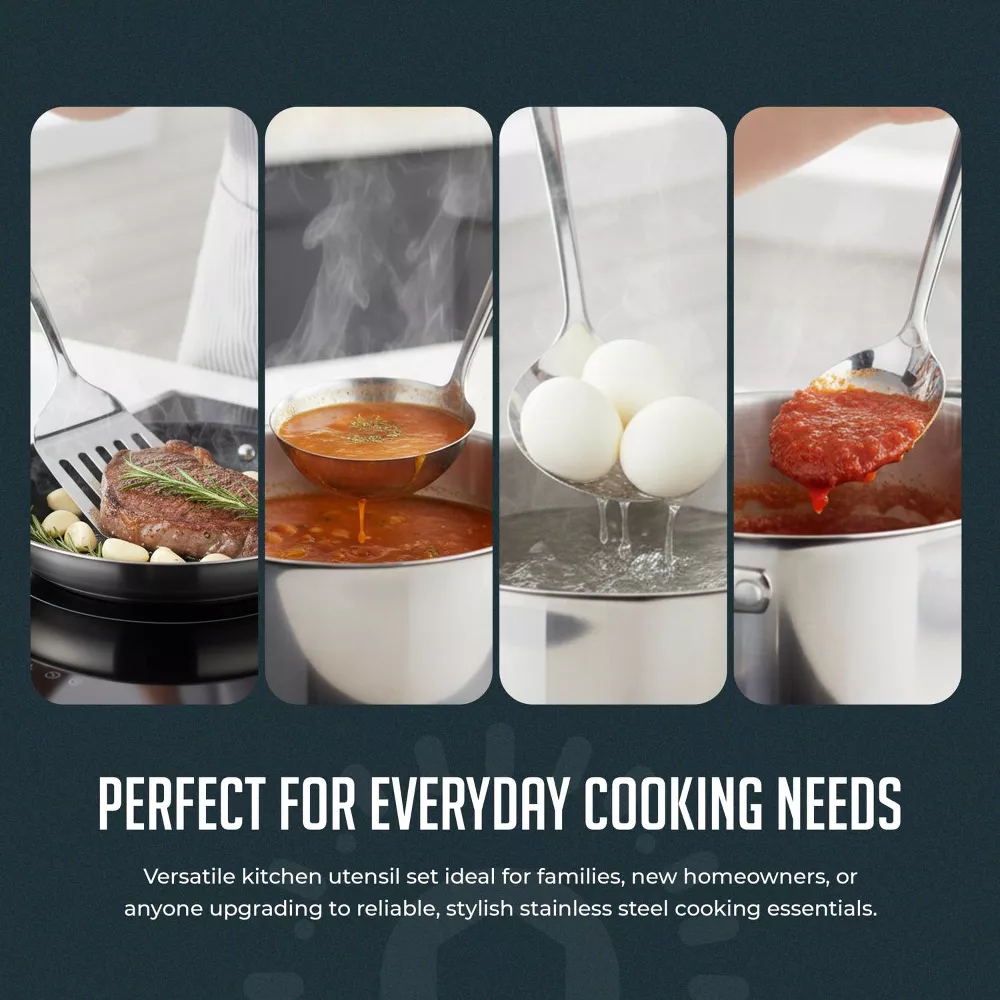 Luminuxe Stainless Steel Kitchen Utensil Set w/ Holder, 5pc Heat Resistant Kitchen Tools w Ladle Skimmer & Serving Spoon