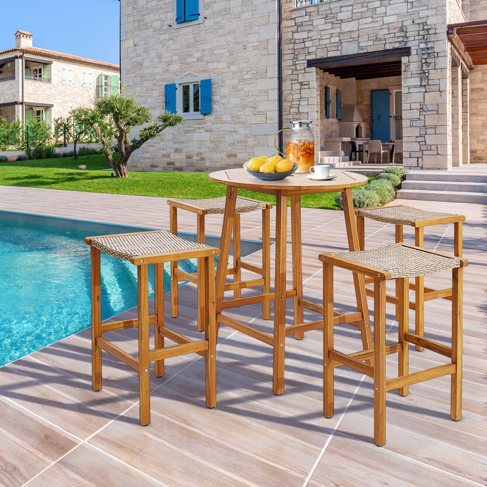 SUGIFT Patio Bar Stools 400-lb Capacity 30-in Tall Fits 39.5-47 in Bar Tables Light Brown and Teak