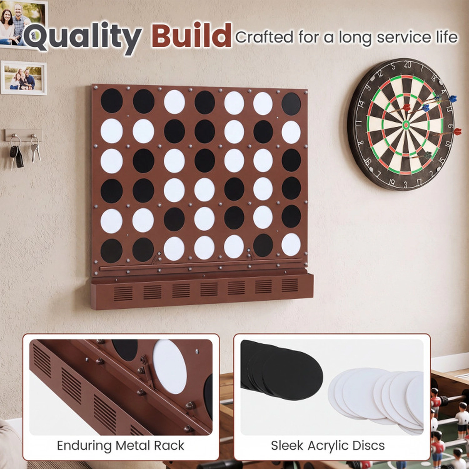 SUGIFT Walnut Jumbo 4-in-a-Row Wall Mounted Game with Acrylic Discs and Metal Frame 40.5-in W 1.5-in D 34.5-in H