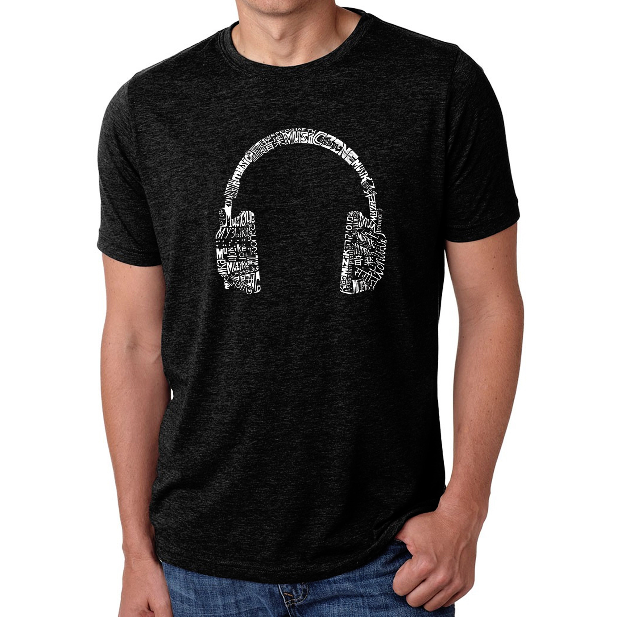 LA Pop Art Men's Cotton-Poly Word T-Shirt - Headphones Languages