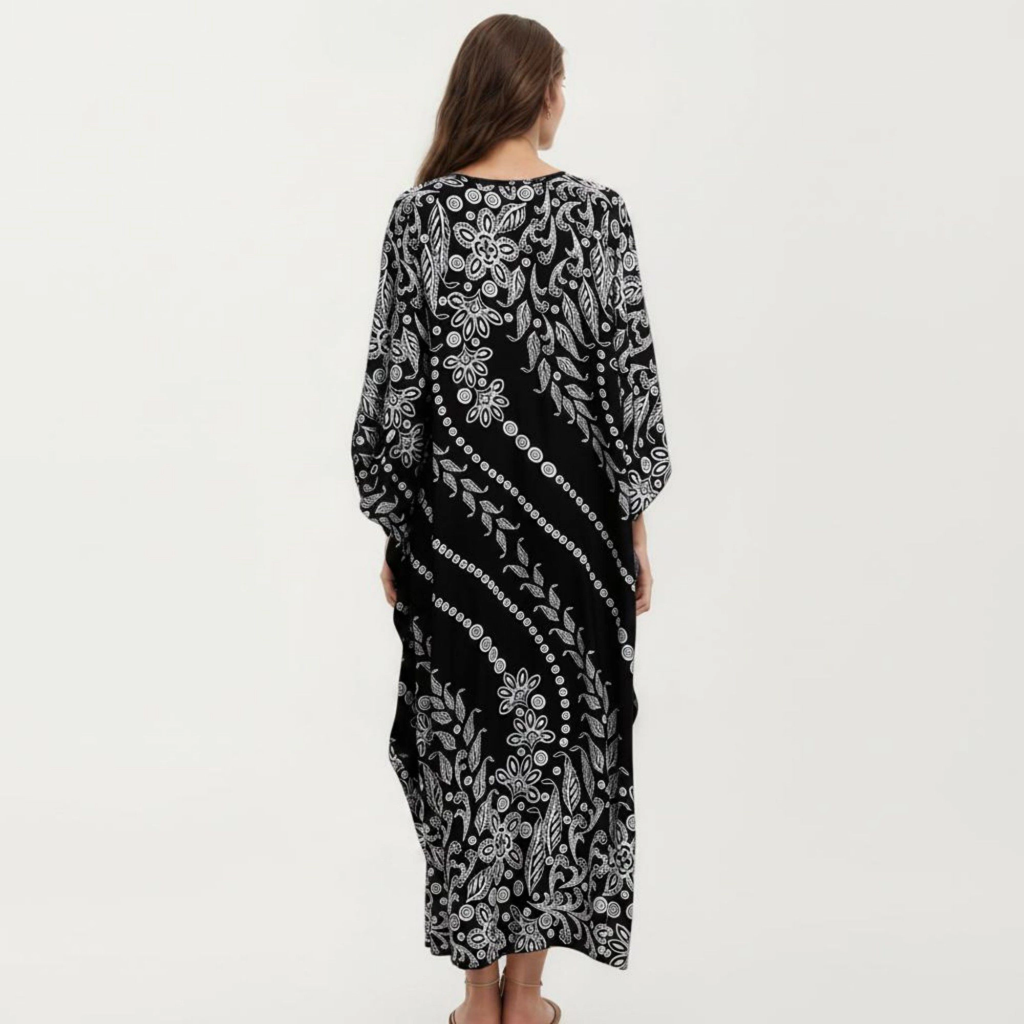 Anna-Kaci Women's Floral Print Kaftan Maxi Dress with V-Neck Button Front and Flowy Batwing Sleeves