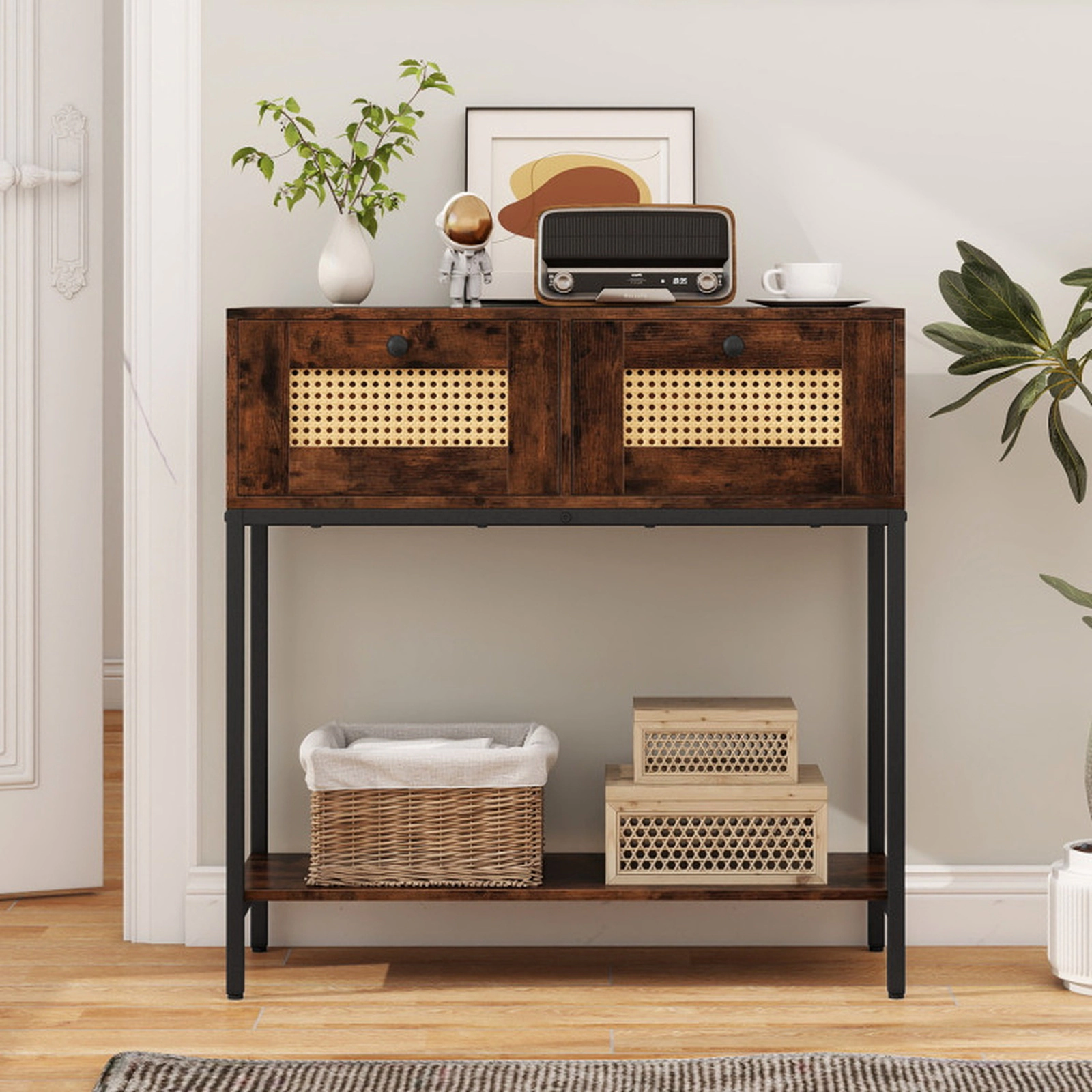 SUGIFT Rattan 2-Drawer Console Table with Open Storage Shelf 132-lb Total Capacity Rustic Brown