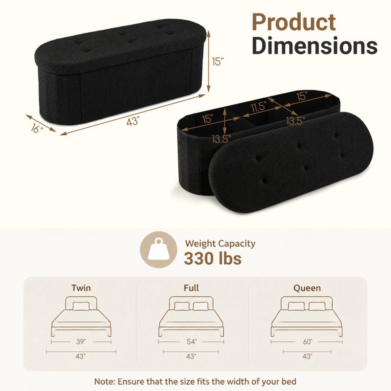 SUGIFT 43-in Teddy Fleece Storage Ottoman Bench with 3 Compartments 330-Lb Capacity Black for Living Room and Bedroom