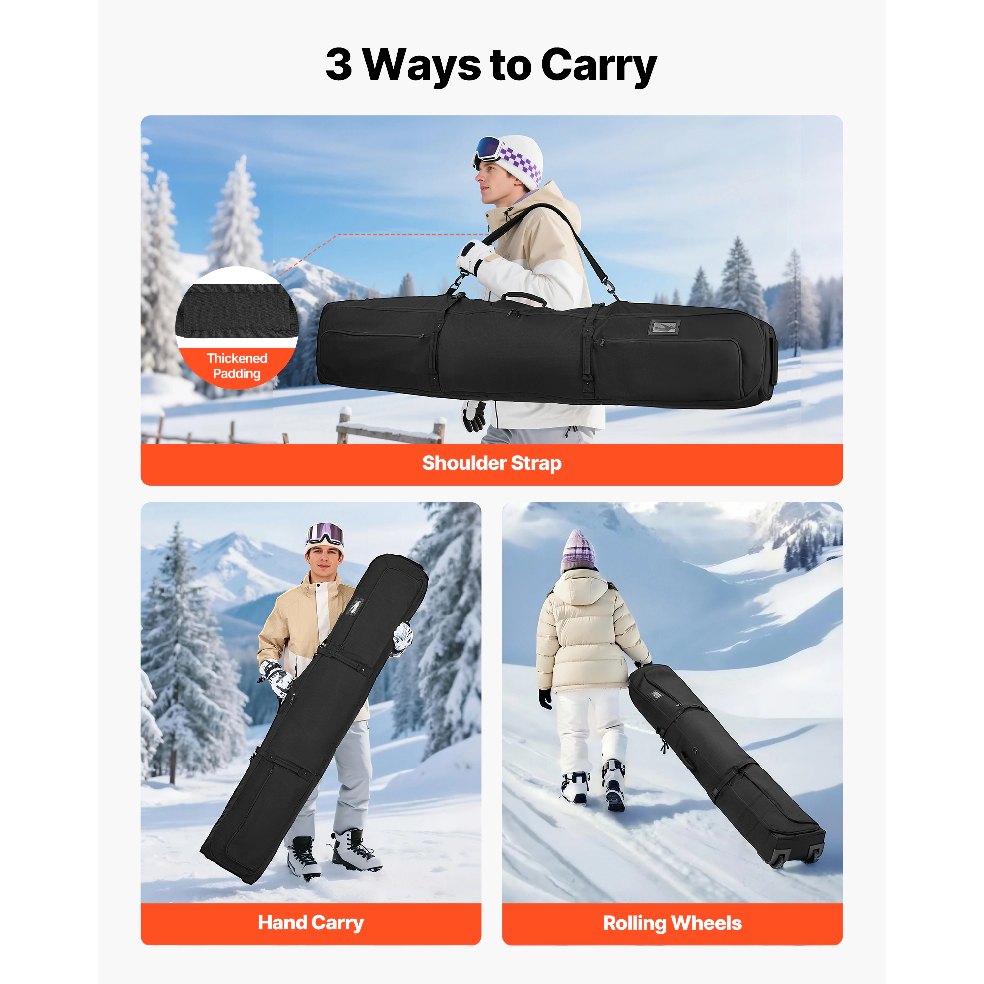 HONGGE Ski Roller Bag / Padded Snowboard Bag with Wheels for Air Travel 600D Waterproof Oxford Fabric with Adjustable