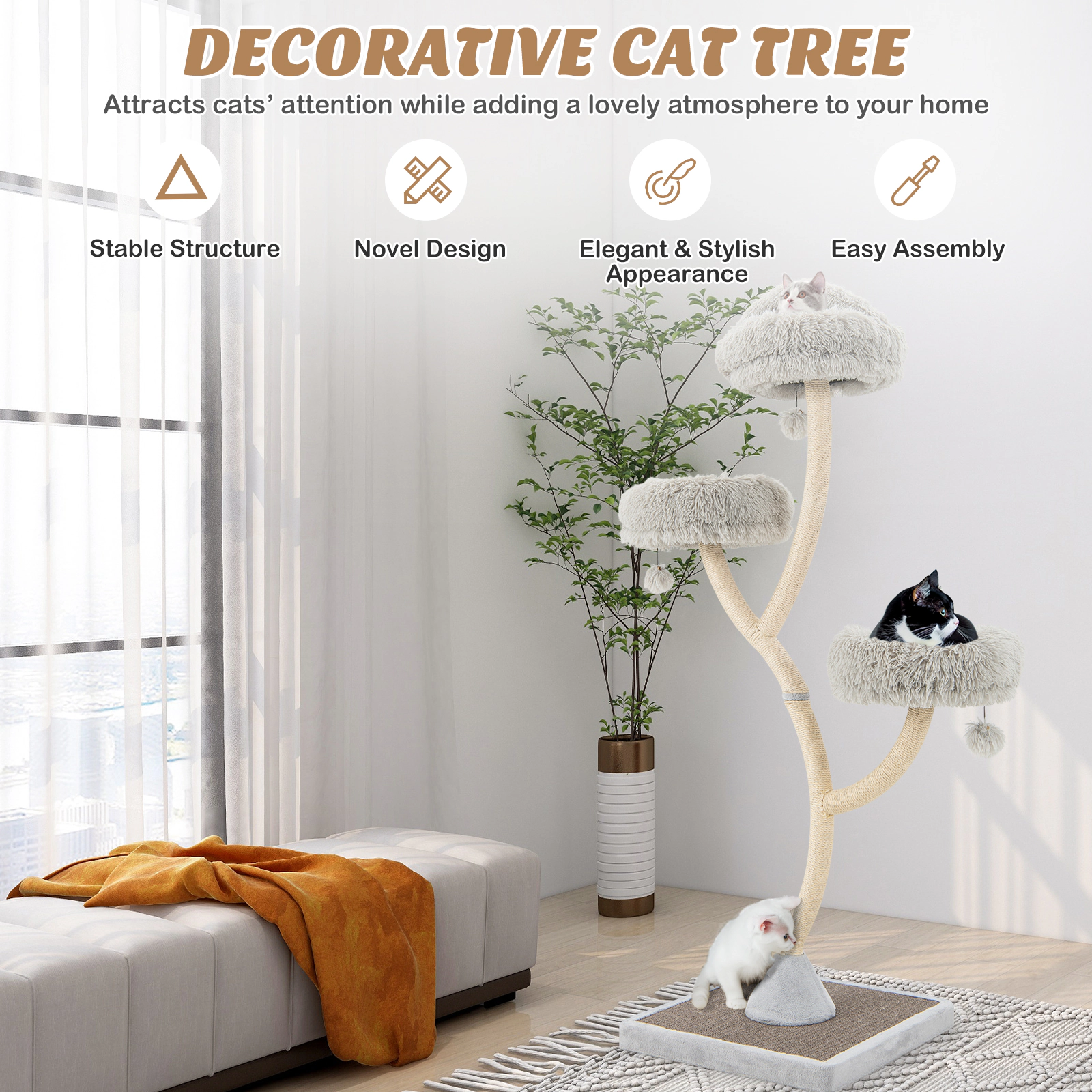 SUGIFT 70-in Decorative Cat Tree Tower with 3 Cushioned 16-in Perches Sisal Posts and 48.5-lb Base