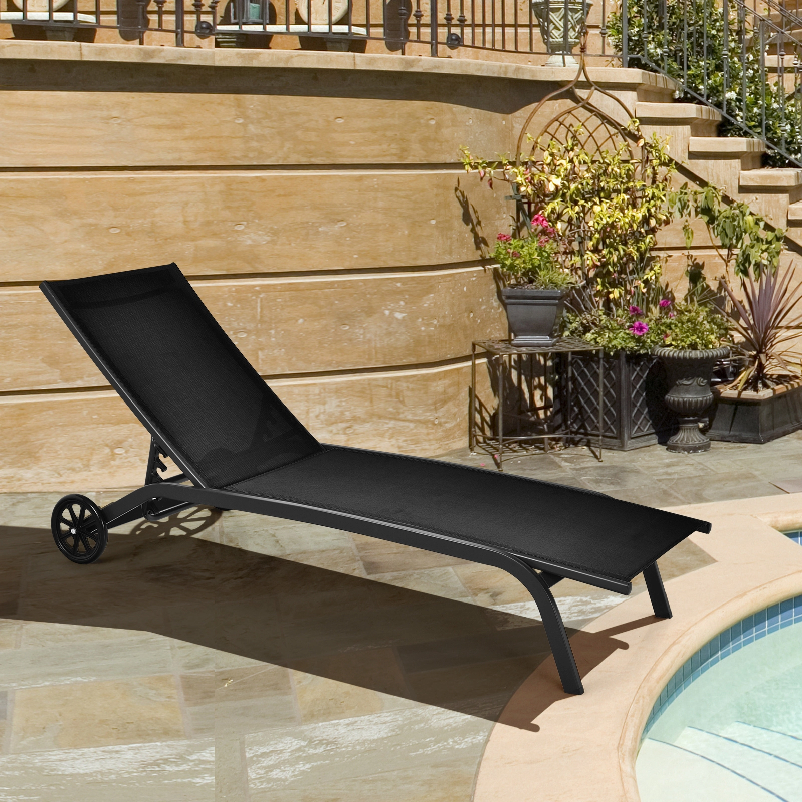 SUGIFT Wheels Powder-Coated Steel 330-lb Black 6-Position Adjustable Outdoor Chaise Recliner