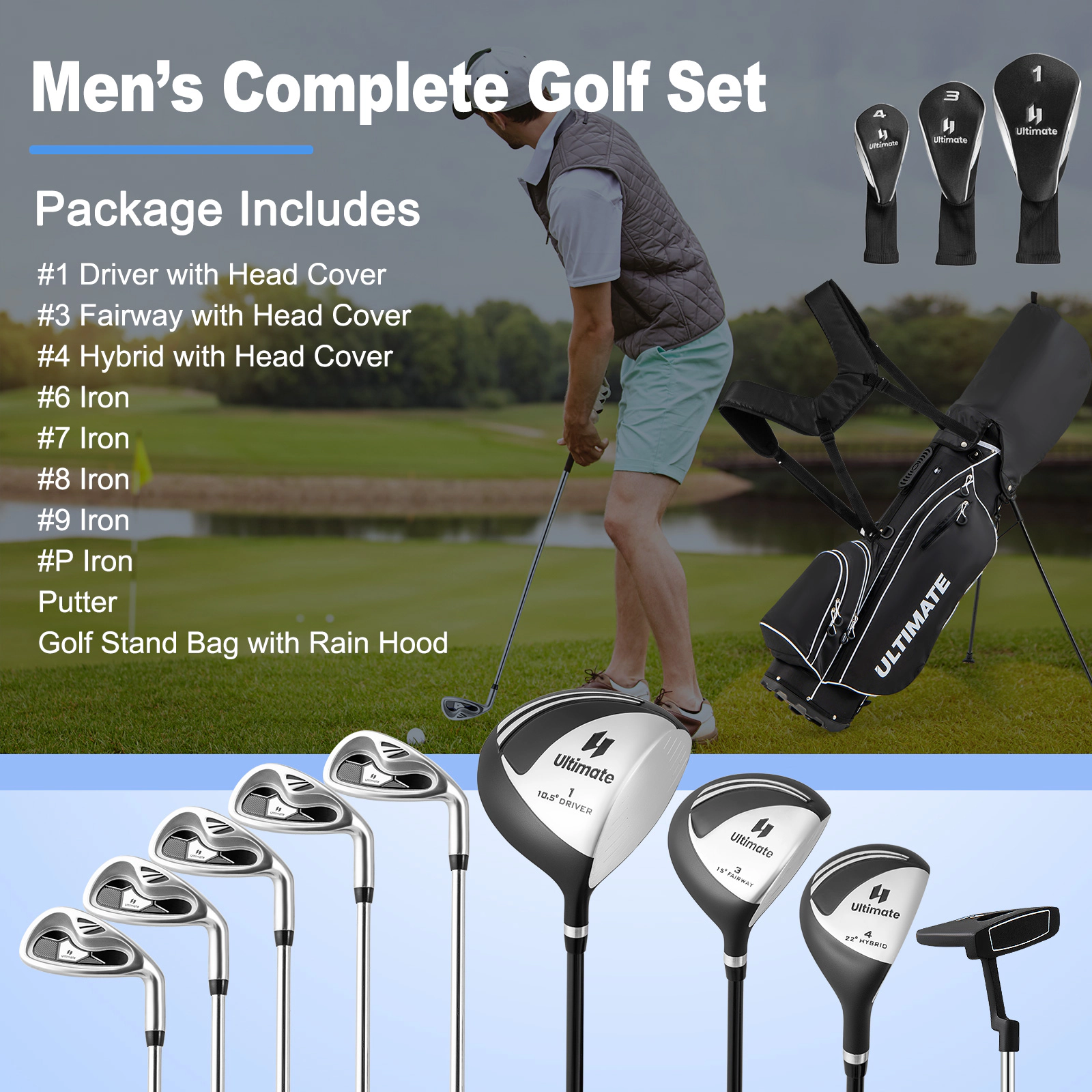LJG Men's Profile Complete Golf Club Package Set Includes 10 Pieces