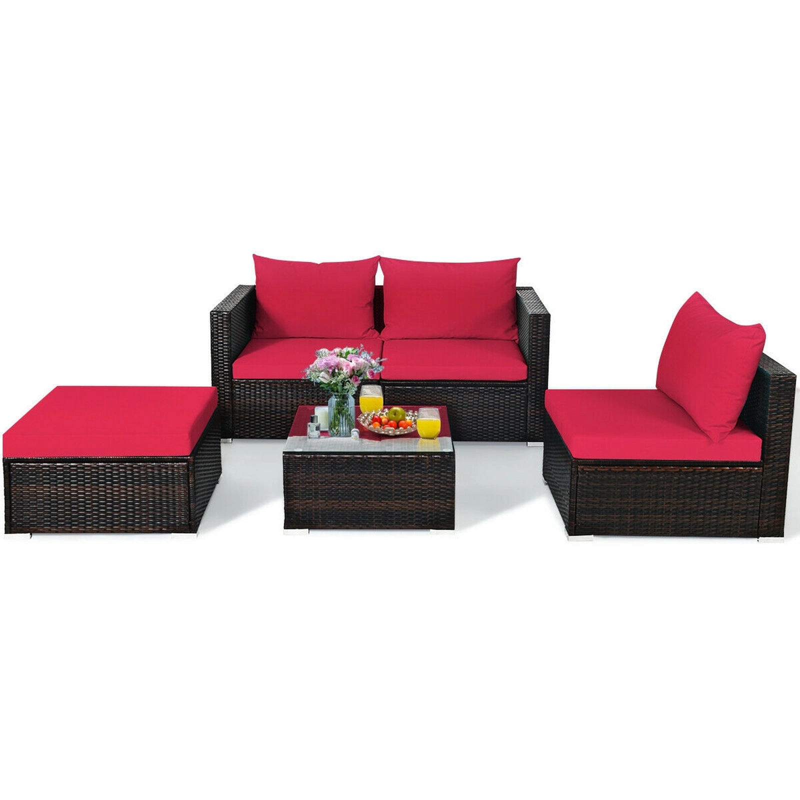 SUGIFT 5 Piece Patio Rattan Sectional Set Red with Ottoman and Tempered Glass Coffee Table