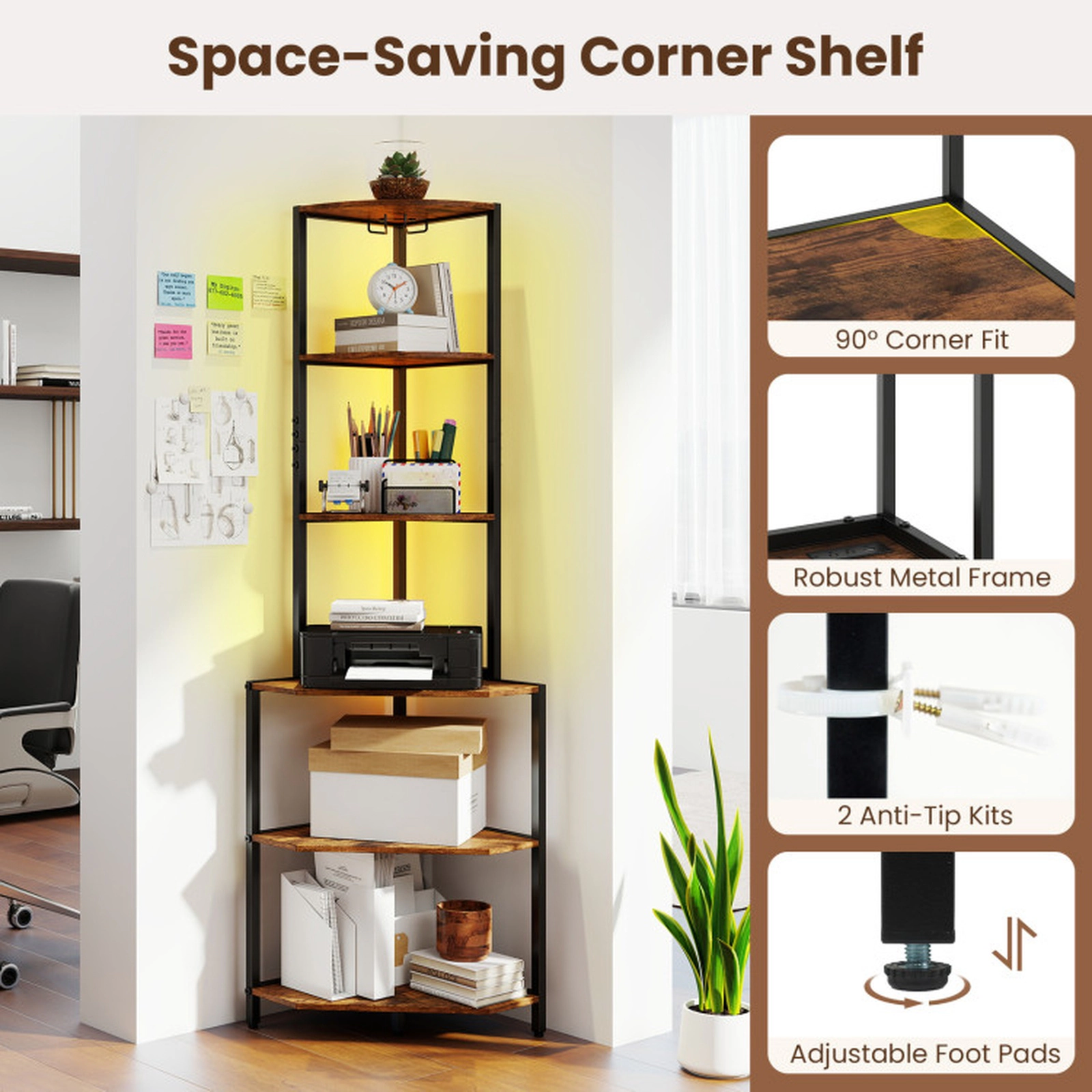 SUGIFT Black and Brown Charging Station and Ambience Light 65 in 6-Tier Corner Shelf