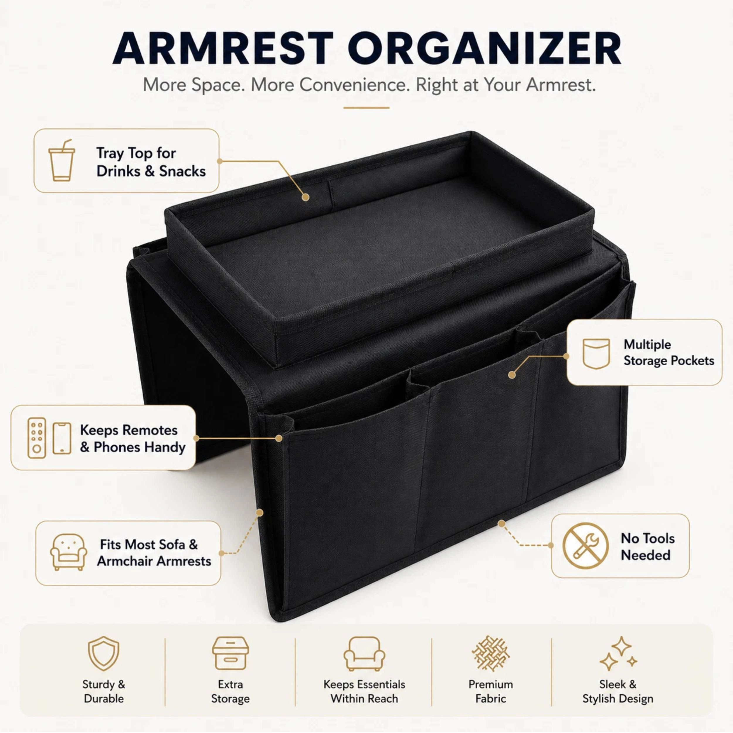 Home Collection Black Sofa Armrest Organizer with Tray Table