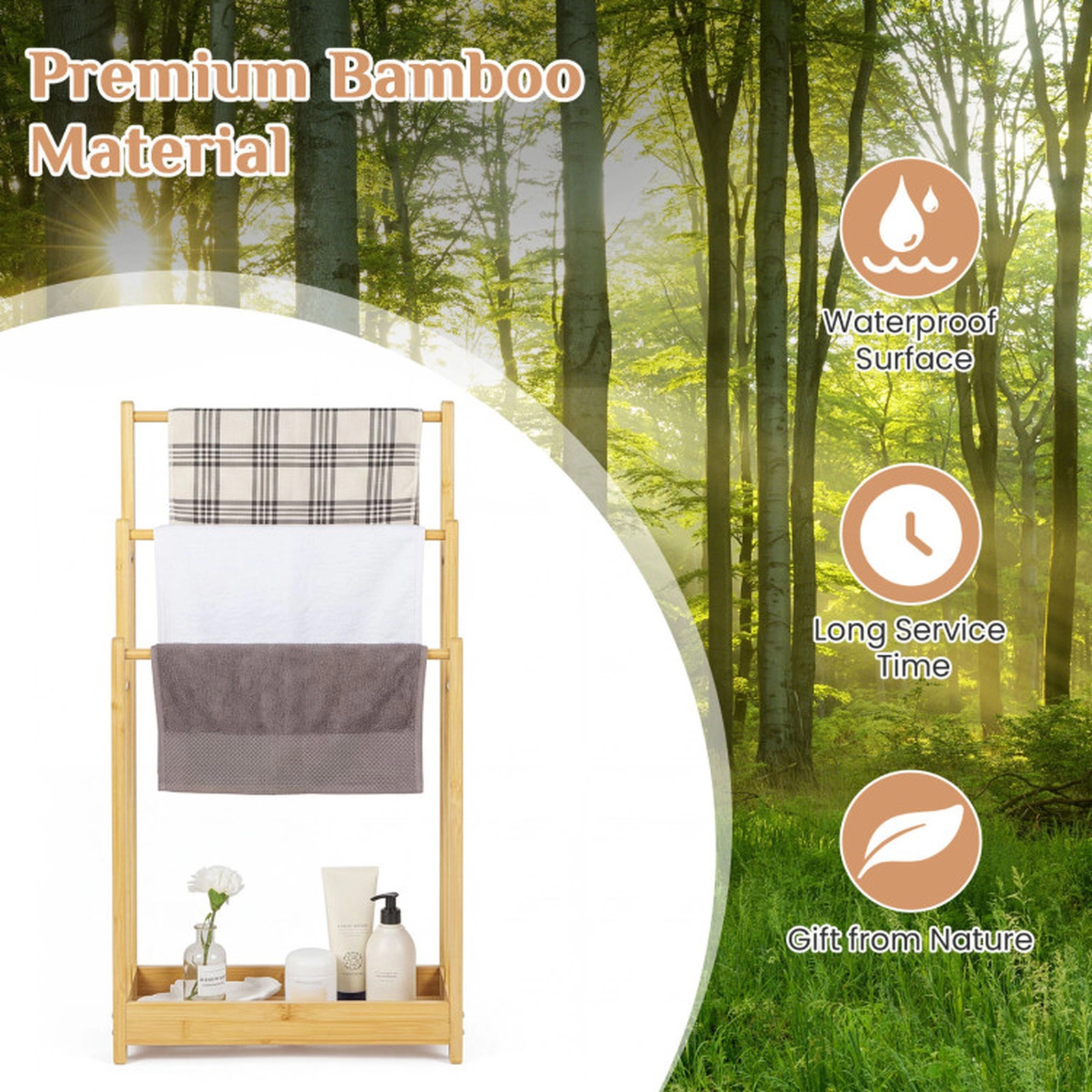 SUGIFT 3-Tier Freestanding Bamboo Side Bars Bathroom Towel Rack 18-in x 9-in x 34-in 5.5-lb per Bar 4-lb Natural
