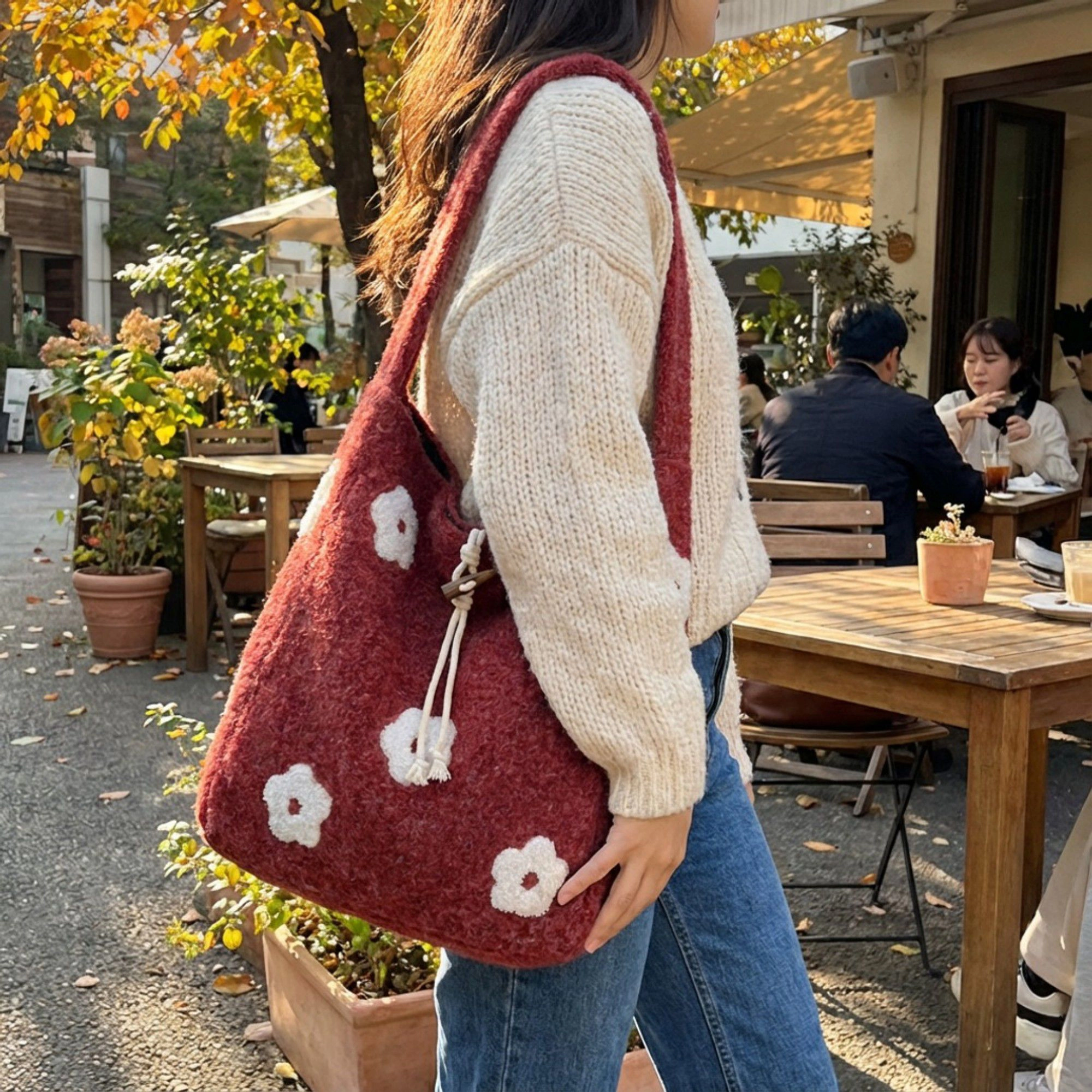Alilang Women's Floral Applique Felt Hobo Shoulder Bag with Soft Structured Body and Top Handle
