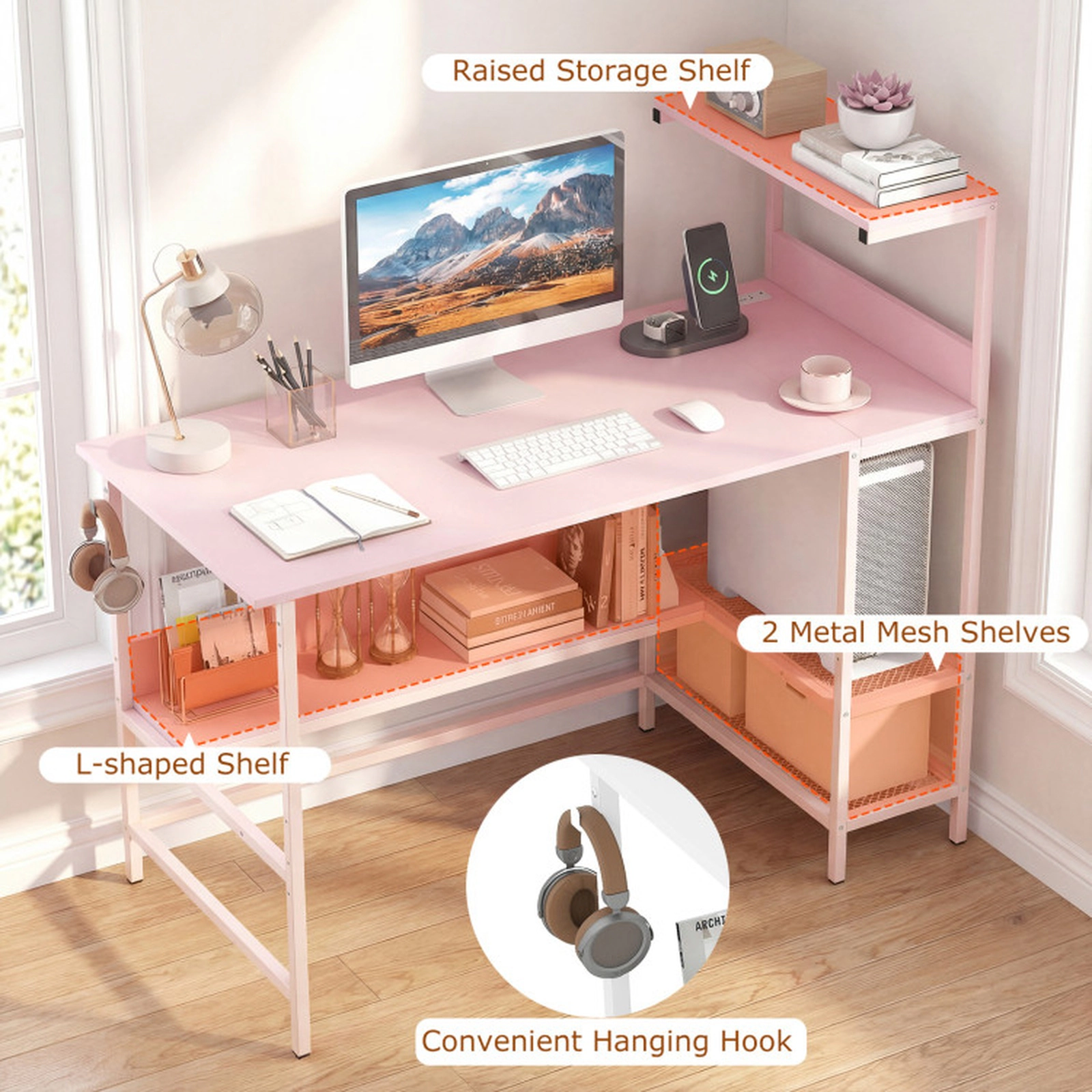 SUGIFT Pink Power Outlets Mesh Storage Shelves and Hanging Hook 48 Inch Computer Desk