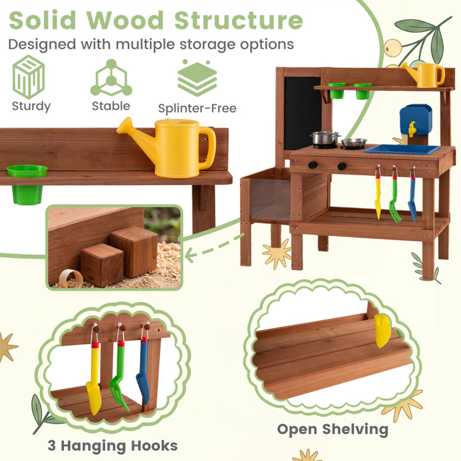 SUGIFT Kids Mud Kitchen with Planter Box, Sink and 13 Accessories 37-in Wide Ages 3+ Natural