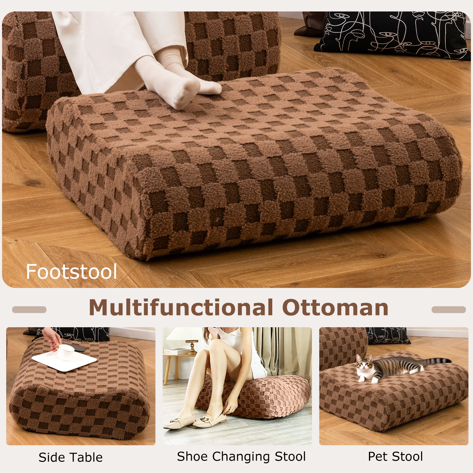 SUGIFT Brown Oversized Teddy Velvet Bean Bag Chair with Ottoman