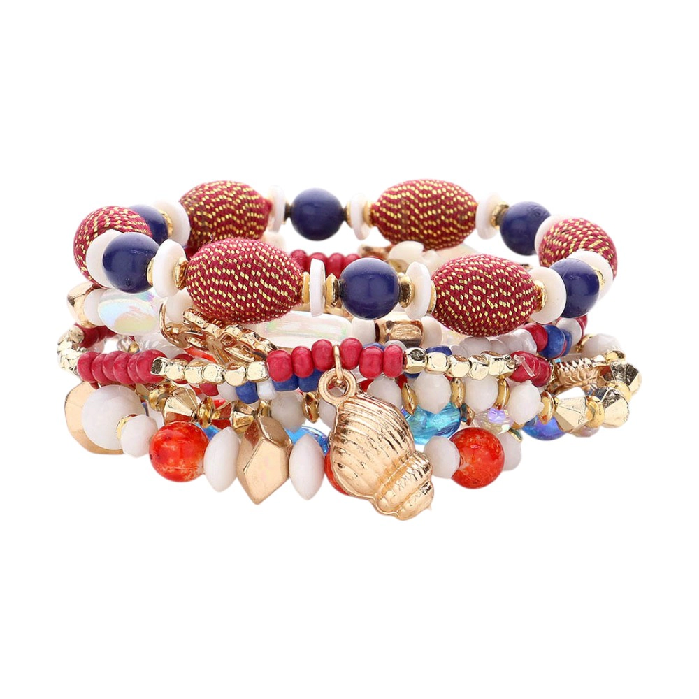 FASHNZFAB 8PCS Charm Pointed Various Beads Beaded Stretch Multi Layered Bracelet