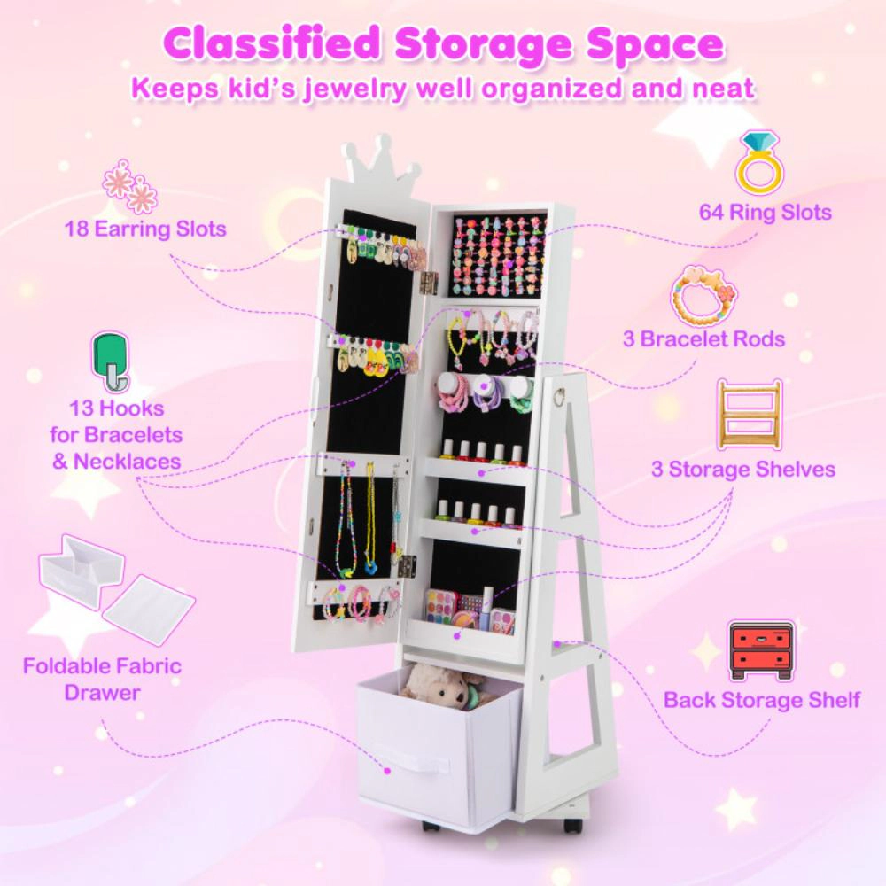 Hivvago Kids Jewelry Armoire Cabinet With Swivel Base And Lockable Universal Wheels-White