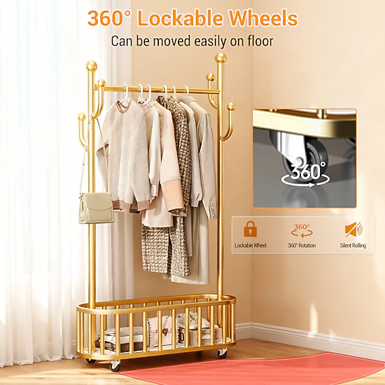 BebreezChic 315in Floor Clothes Rack with Storage Basket, Mobile, Hooks, Gold