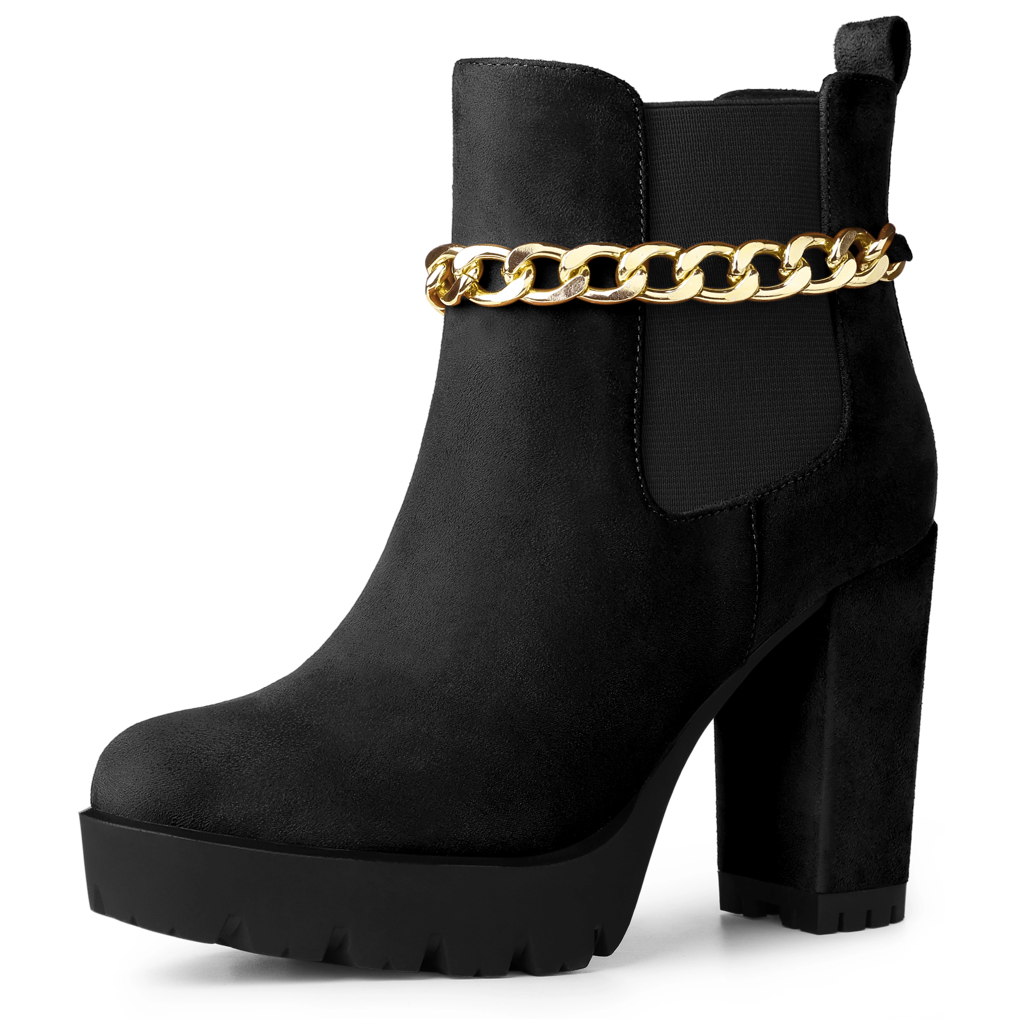 BLISSFUL STEP Women Platform Chain Chunky High Heel Chelsea Ankle Boots