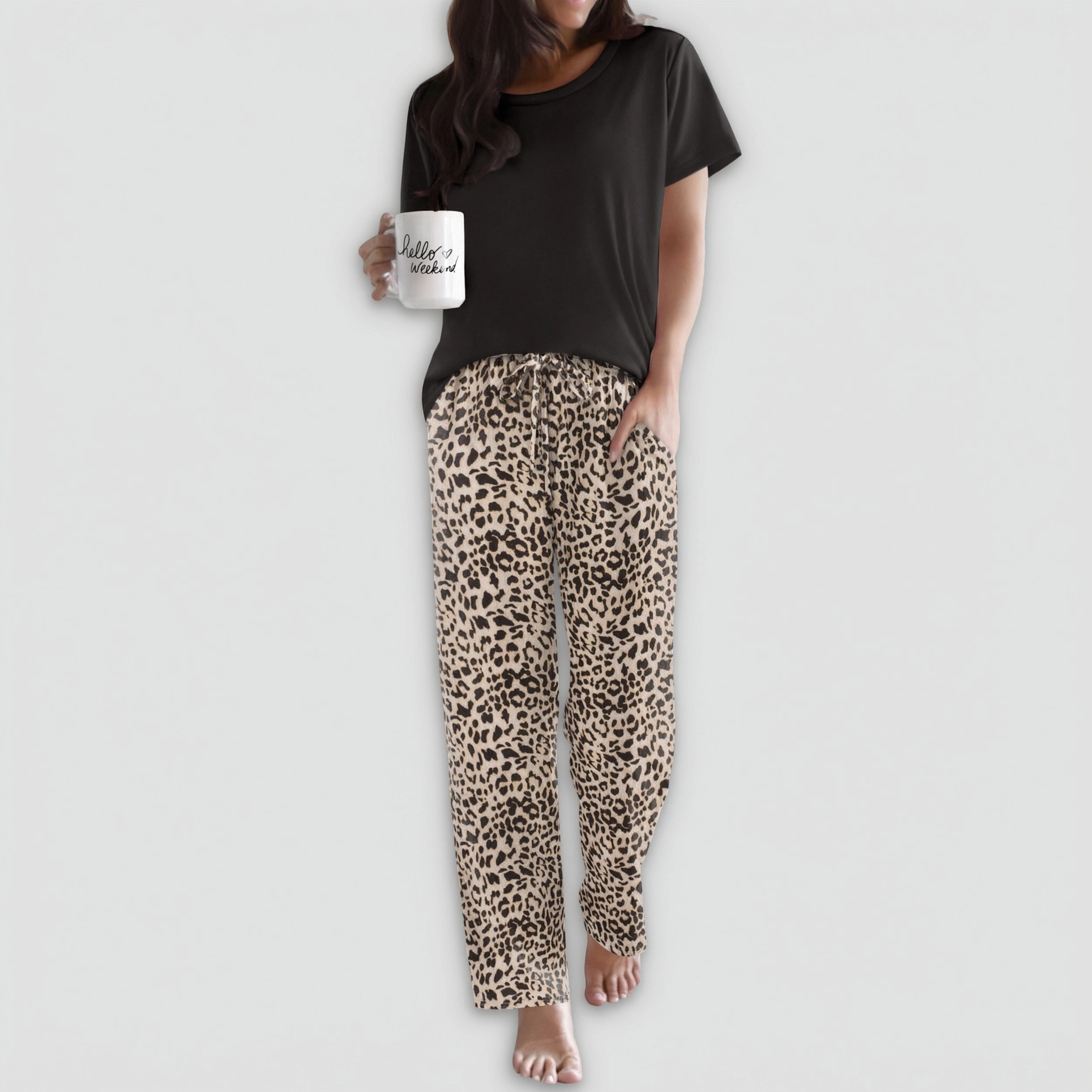 Ekouaer Pajama Sets Round Neck Pajamas Short Sleeve Sleepwear with Long Pants Loose Lounge