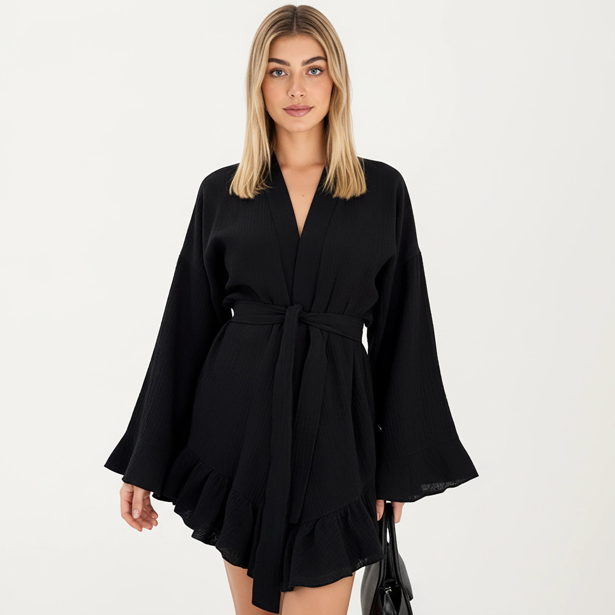 Anna-Kaci Women's Wrap Tie Front Night Robe and Ruffle Shorts 2-Piece