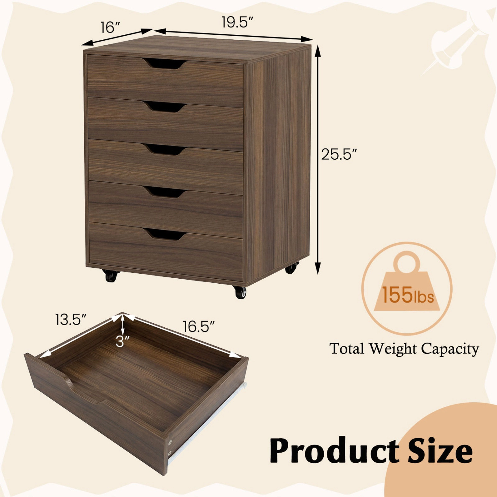 SUGIFT Walnut Locking Wheels for Home Office 5 Drawer Mobile File Cabinet