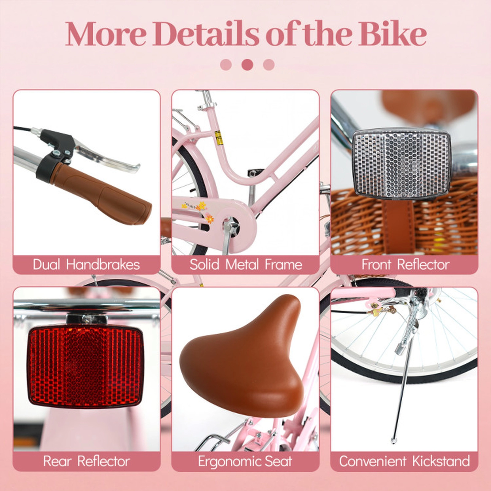 SUGIFT 24-in Womens Beach Cruiser Bike for Shorter Riders with Basket and Rear Rack 220-lb Rider Capacity Pink