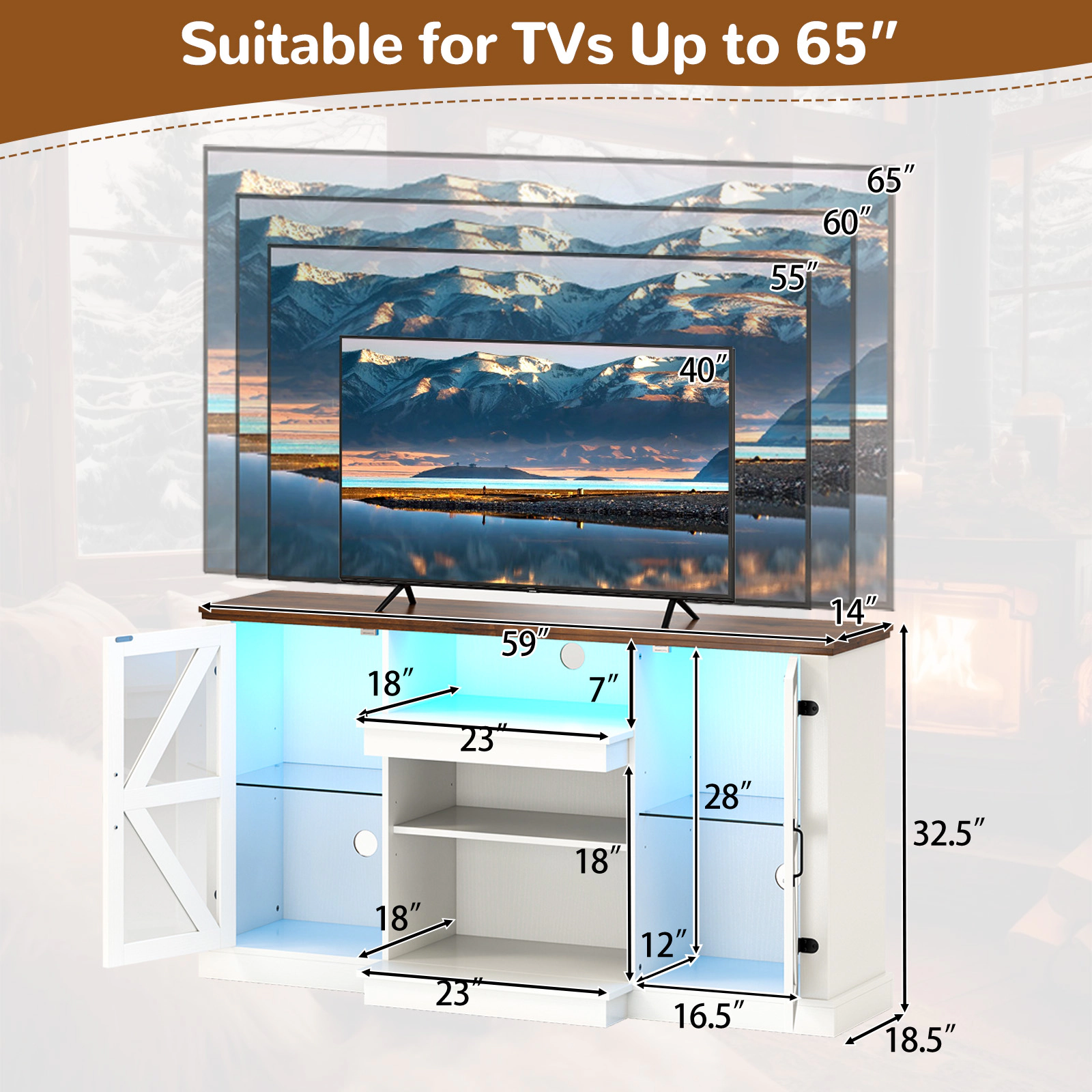 SUGIFT 59-in White TV Stand for TVs up to 68-in, LED Lighting and Glass Cabinets
