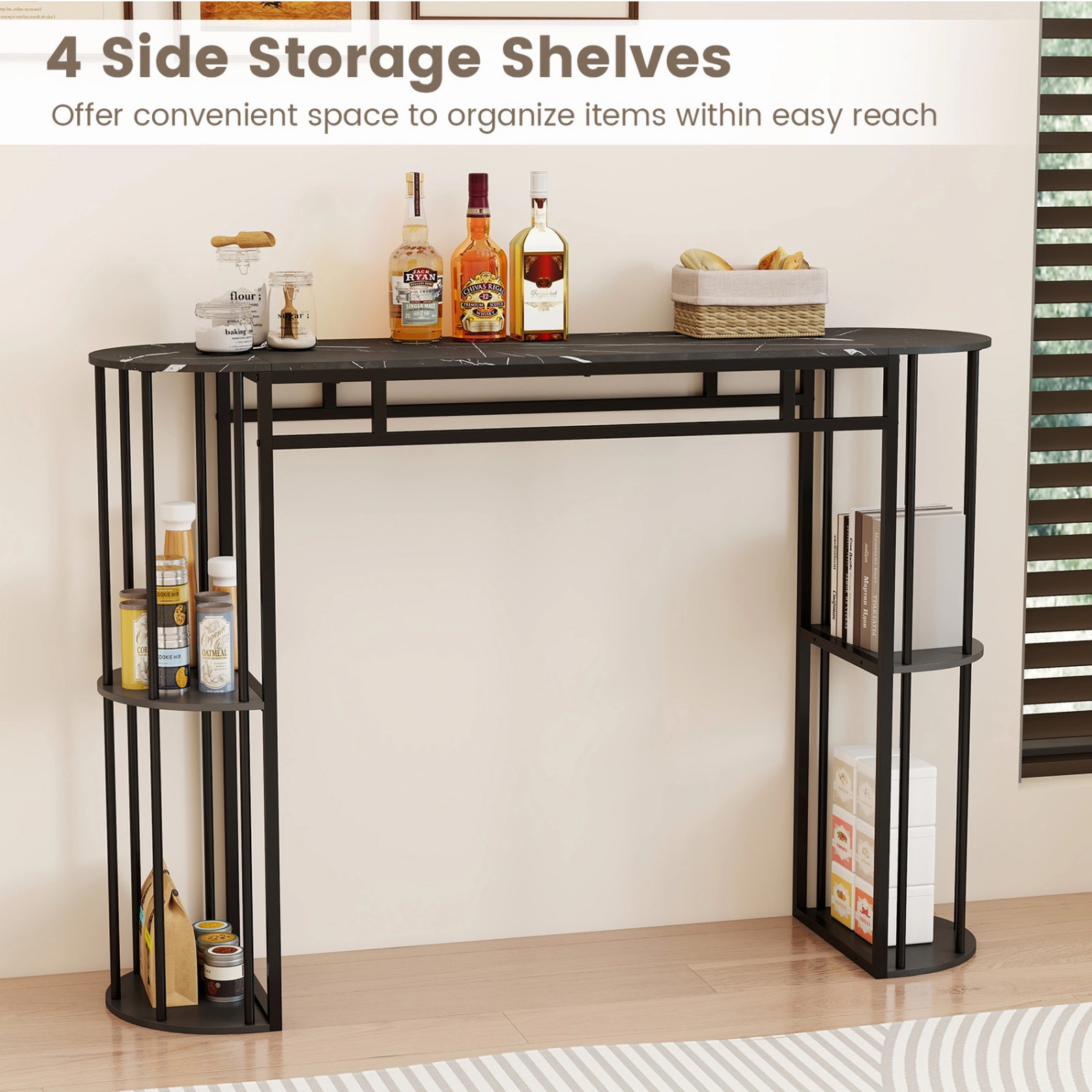 SUGIFT 60 Inch Long Bar Table Black Narrow with Faux Marble Top and Storage Shelves